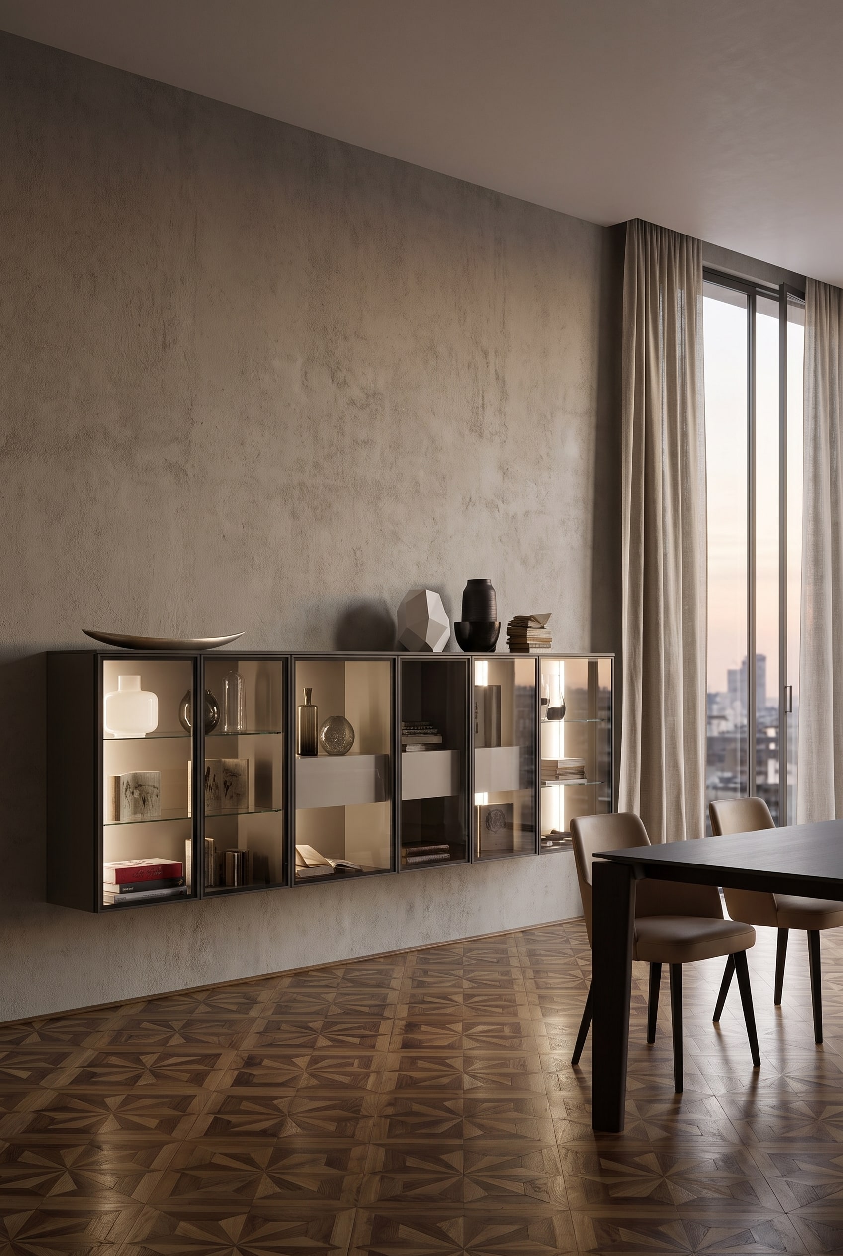 Salon luxueux avec vitrine en verre suspendue avec cadre en aluminium fonc&eacute; et art c&eacute;ramique