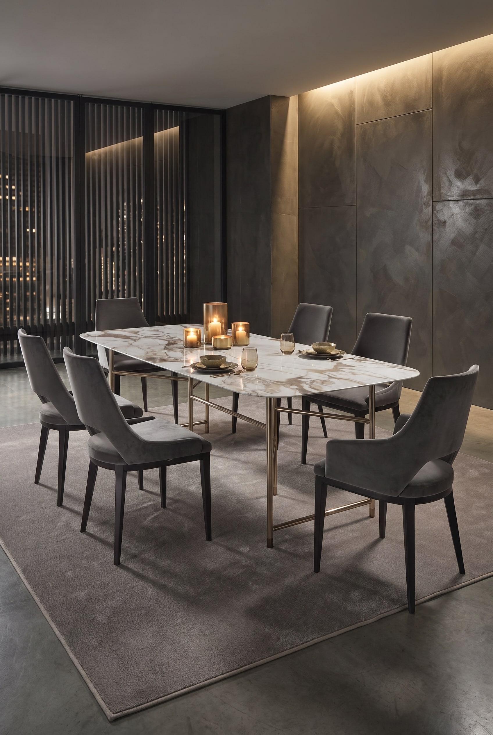 Salle &agrave; manger luxueuse avec table &agrave; manger en marbre, bougeoirs bas en laiton et chaises en velours gris fonc&eacute;