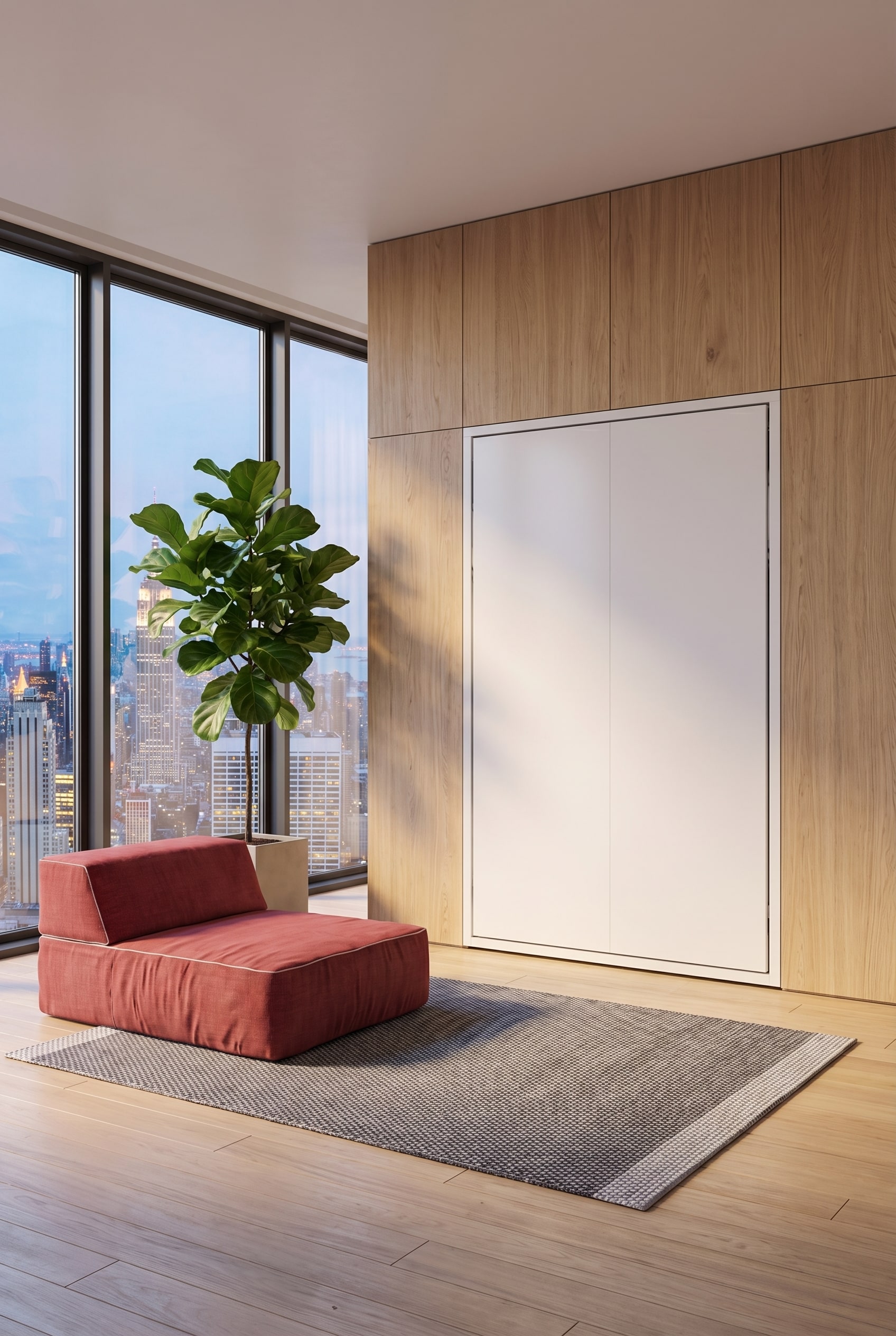 Espace minimaliste avec une armoire-lit entièrement intégrée et affleurante, qui ressemble à un lambris mural luxueux. Espace minimaliste avec une armoire-lit entièrement intégrée et affleurante, qui ressemble à un lambris mural luxueux.