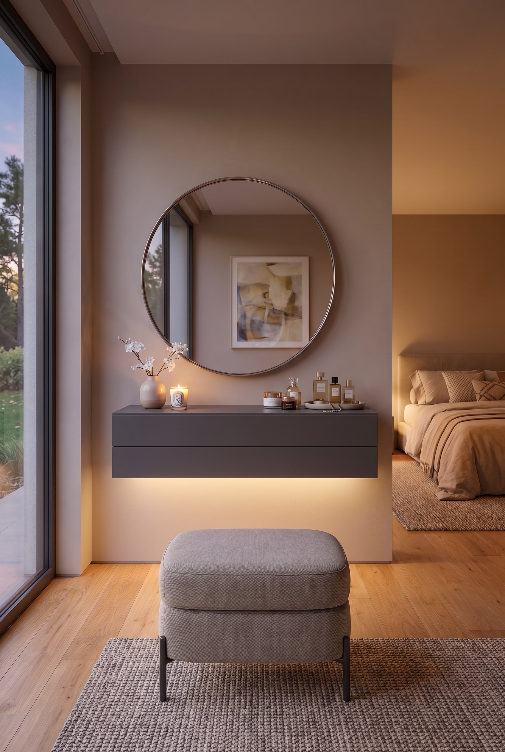 Anthrazitfarbene Wandkommode als Schminktisch im Schlafzimmer mit rundem Spiegel, Kerze und grauem Sitzpouf.