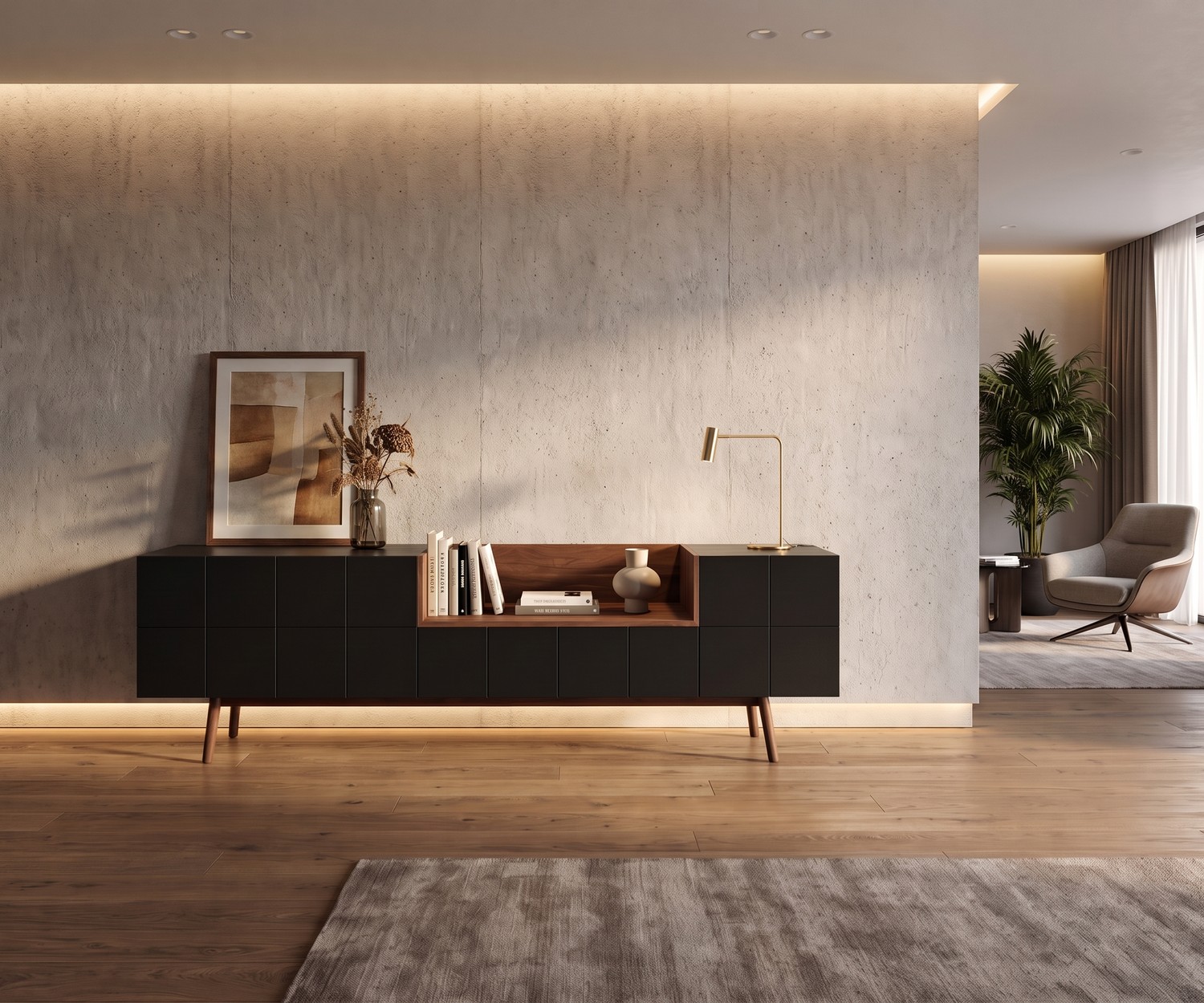 Buffet design al2 MOS-I-KO 003 A de salon en laque mate et bois, offrant un rangement élégant au style rétro moderne.