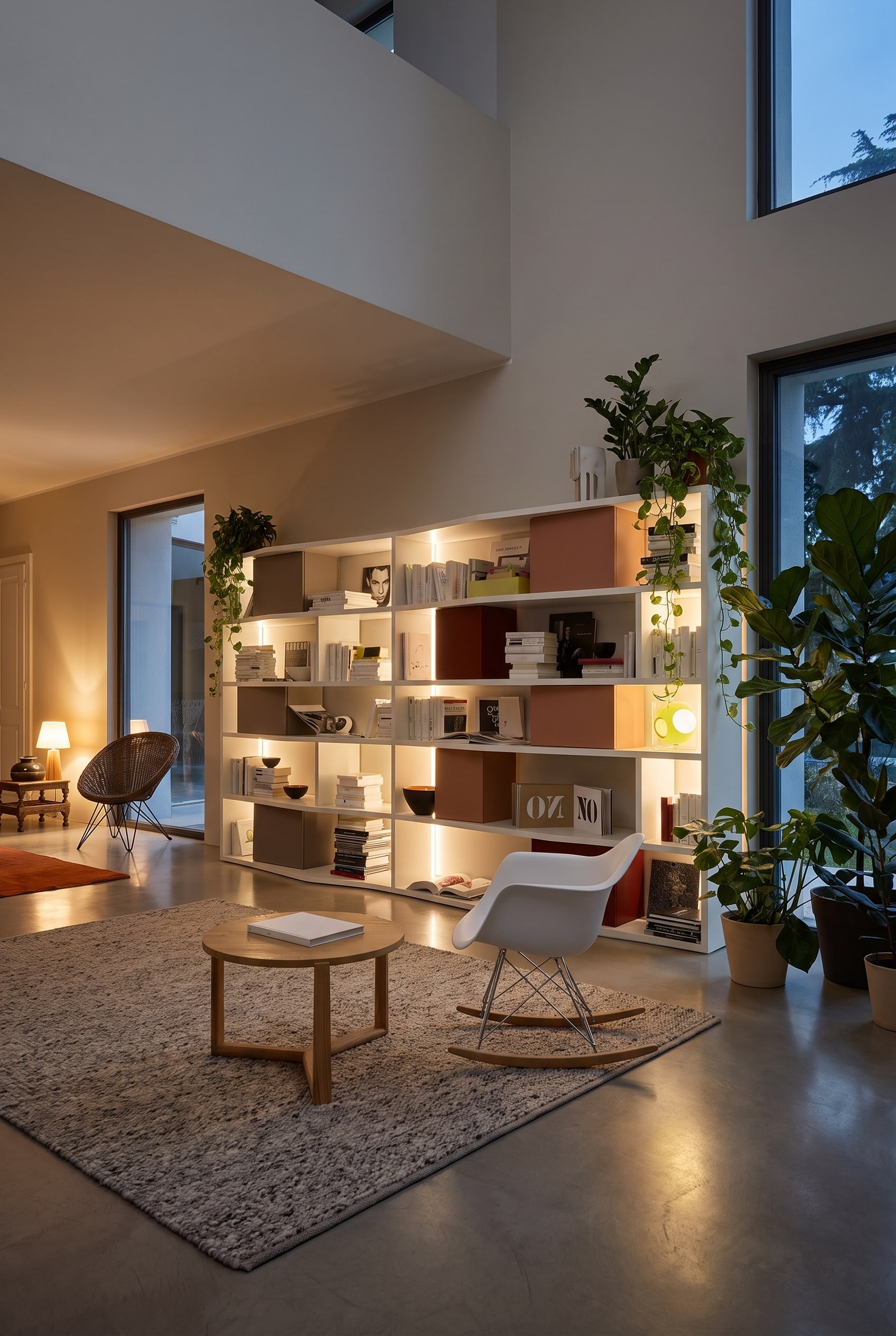Bibliothèque blanche toute hauteur avec des boîtes colorées intégrées dans un grand salon loft lumineux