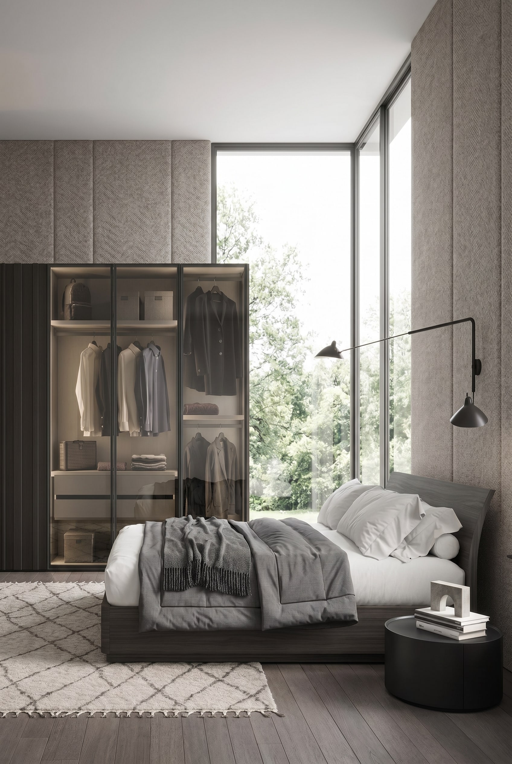 Chambre avec lit en bois incurvé, grande armoire en verre et tapis en laine clair