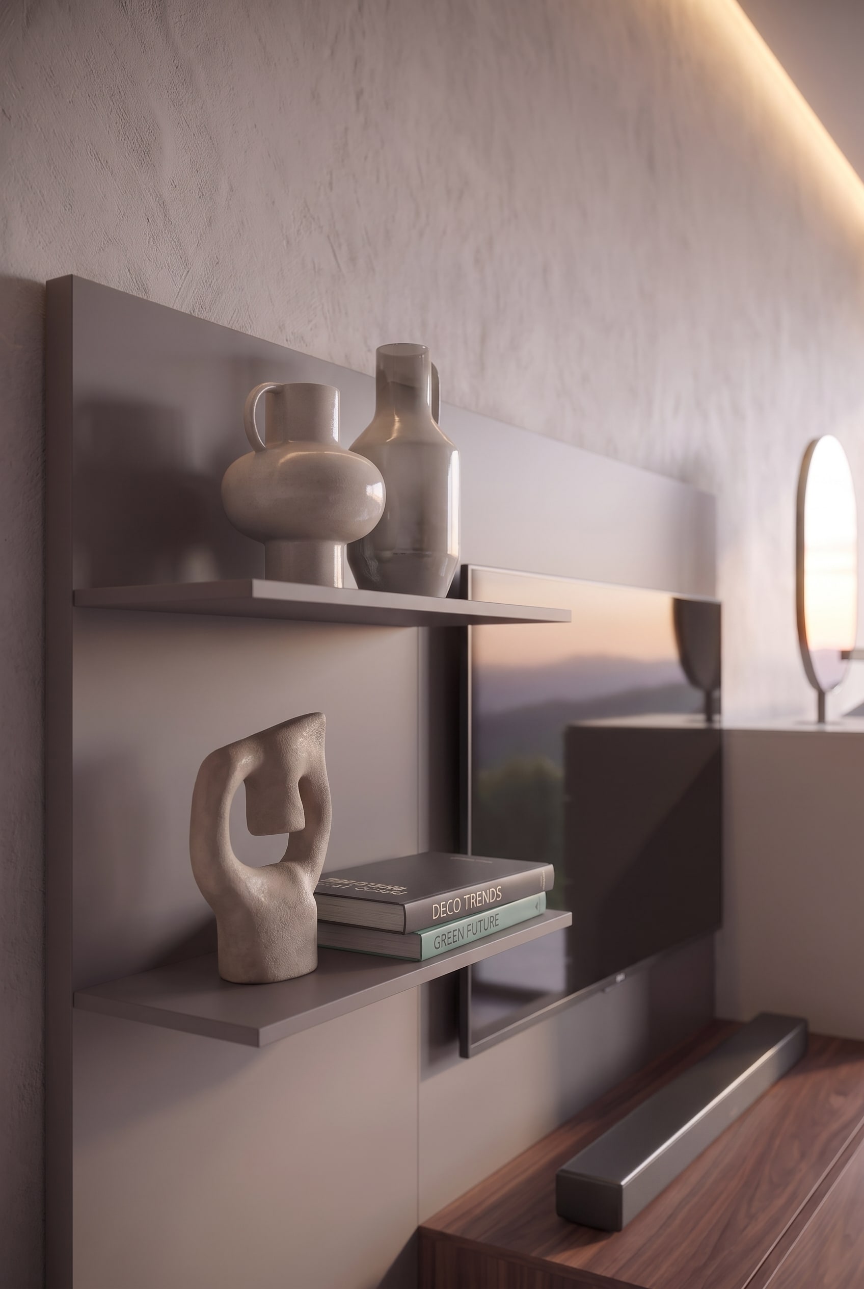 Makroaufnahme von matten Regalb&ouml;den mit hellen Keramikvasen, einer abstrakten Skulptur und zwei Design-B&uuml;chern.