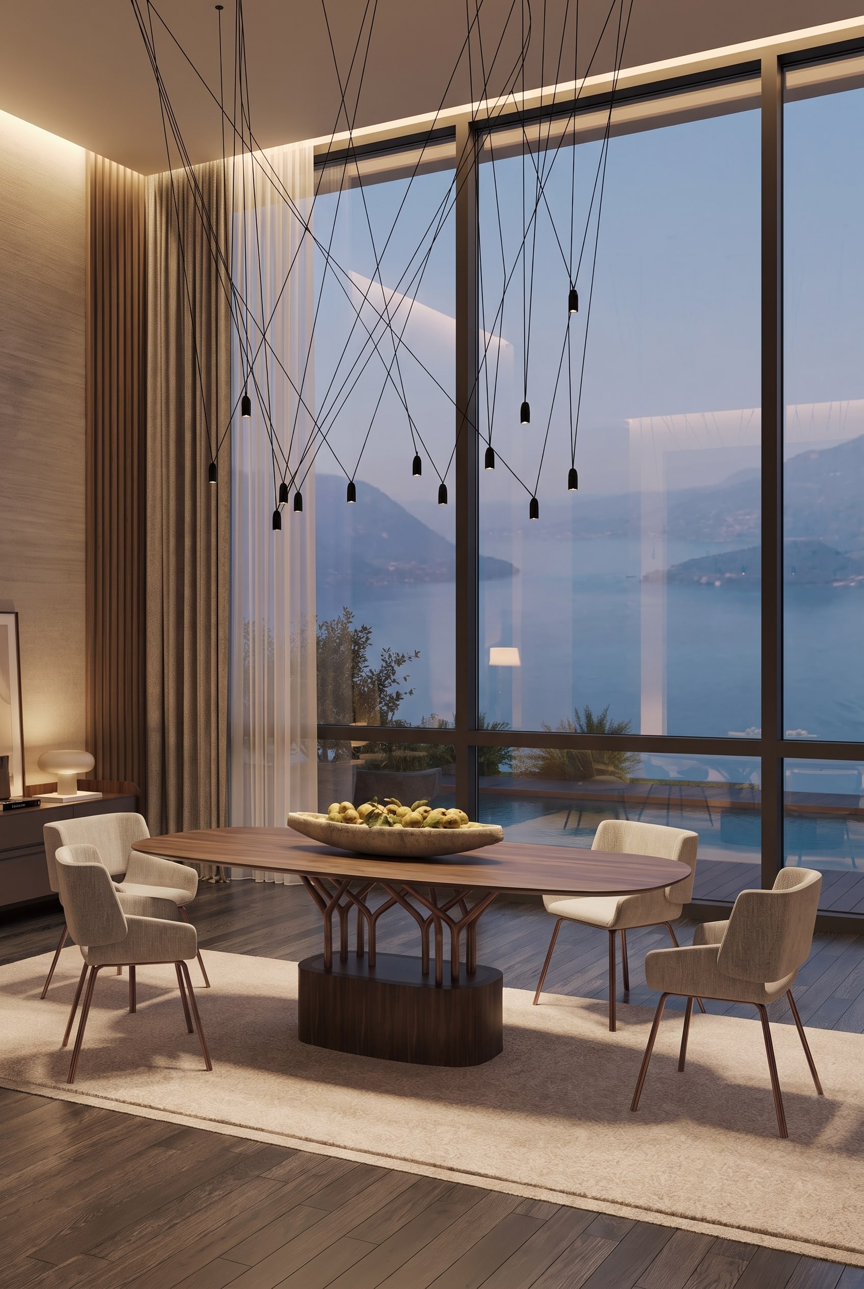 Table &agrave; manger de luxe ovale en bois massif avec veinure fonc&eacute;e, &eacute;clair&eacute;e par des suspensions filigranes devant une fa&ccedil;ade vitr&eacute;e.
