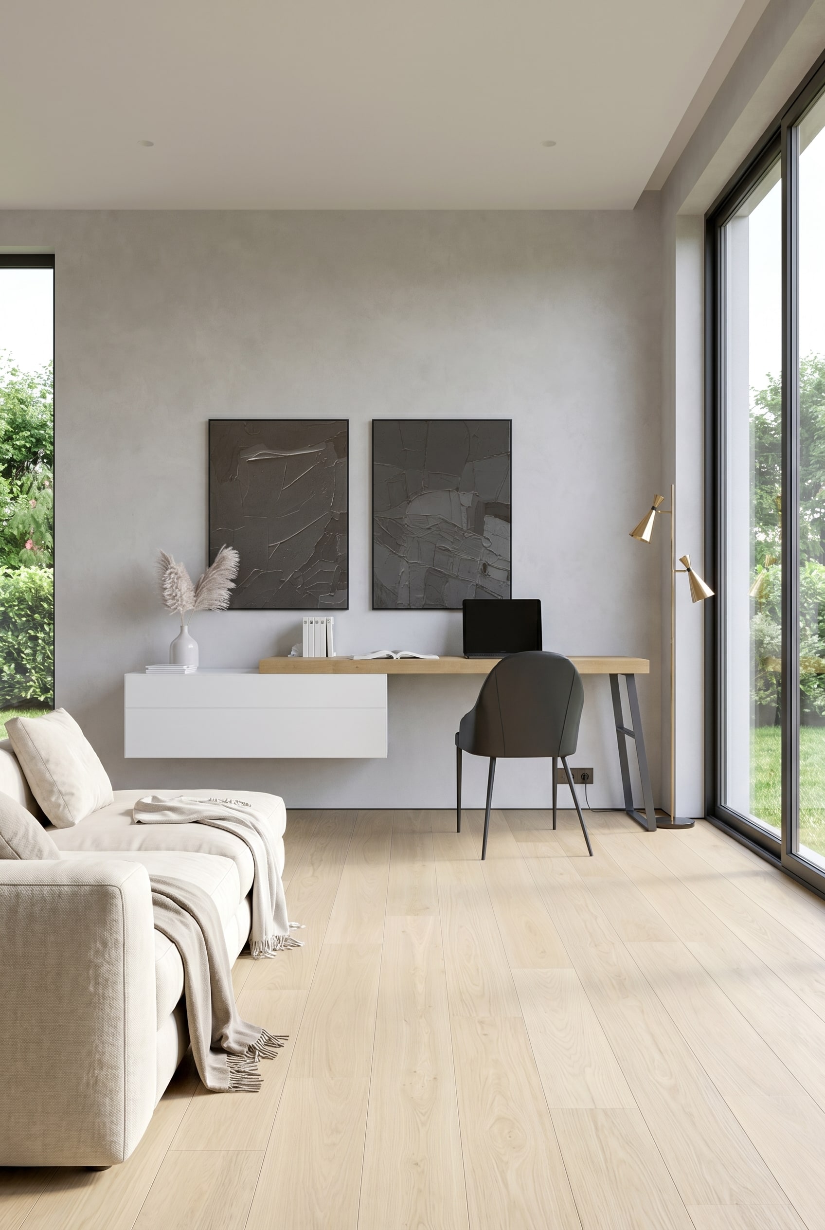 Modernes Wohnzimmer mit schwebender Wandkommode in Wei&szlig; und schwarzem B&uuml;rostuhl