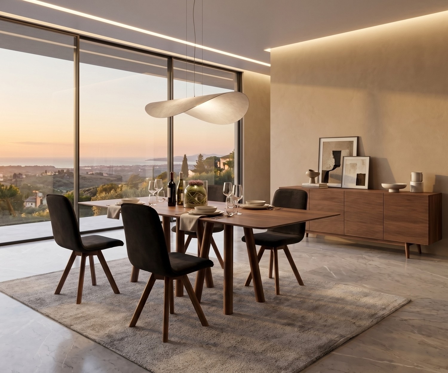 Design Esstisch al2 mos-i-ko 001 a aus Holz im Esszimmer mit herrlicher Aussicht, modernem Stil und dunklen Stühlen.
