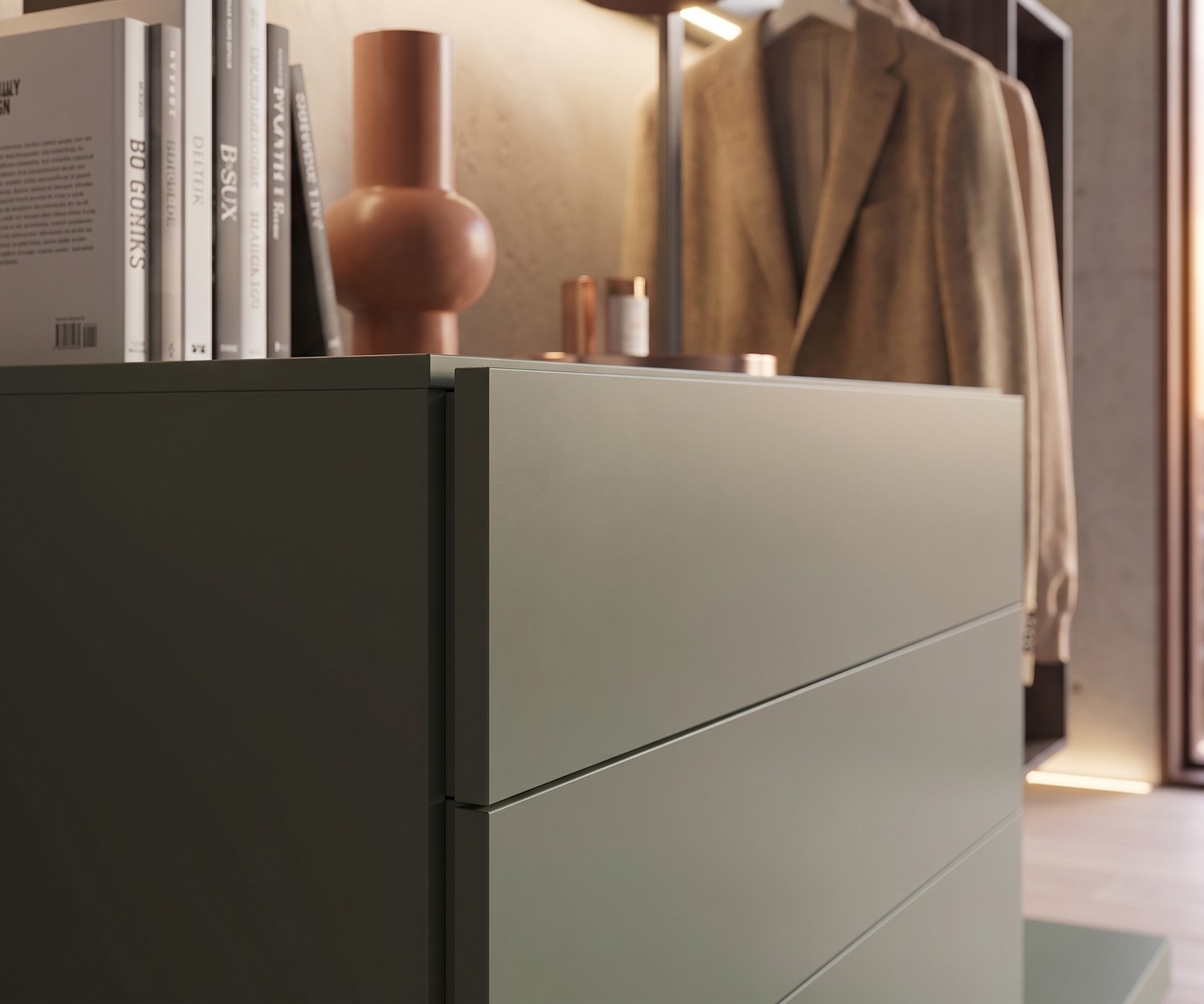 Commode design Novamobili Easy 4 avec penderie en vert pour chambre, détail des tiroirs mats au style moderne.