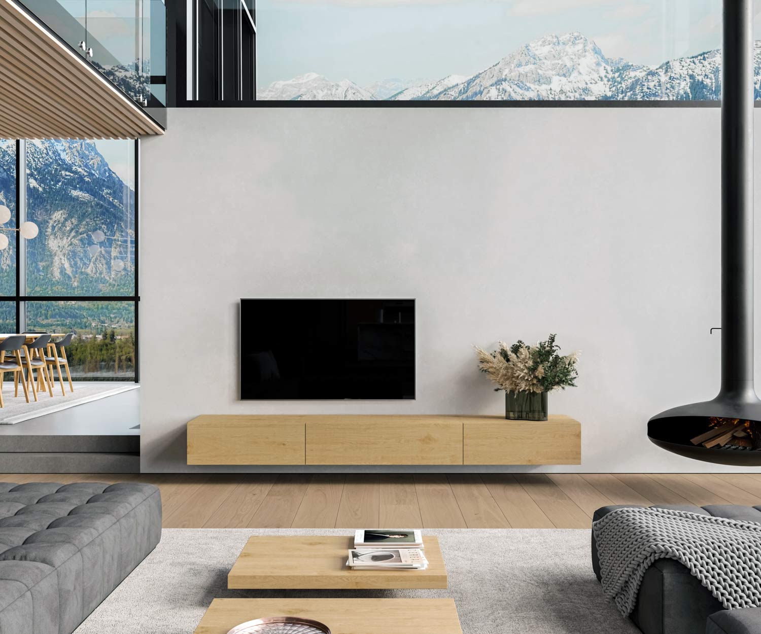 Design bois TV Lowboard suspendu configurateur chêne naturel clair Design bois TV Lowboard suspendu configurateur chêne naturel clair