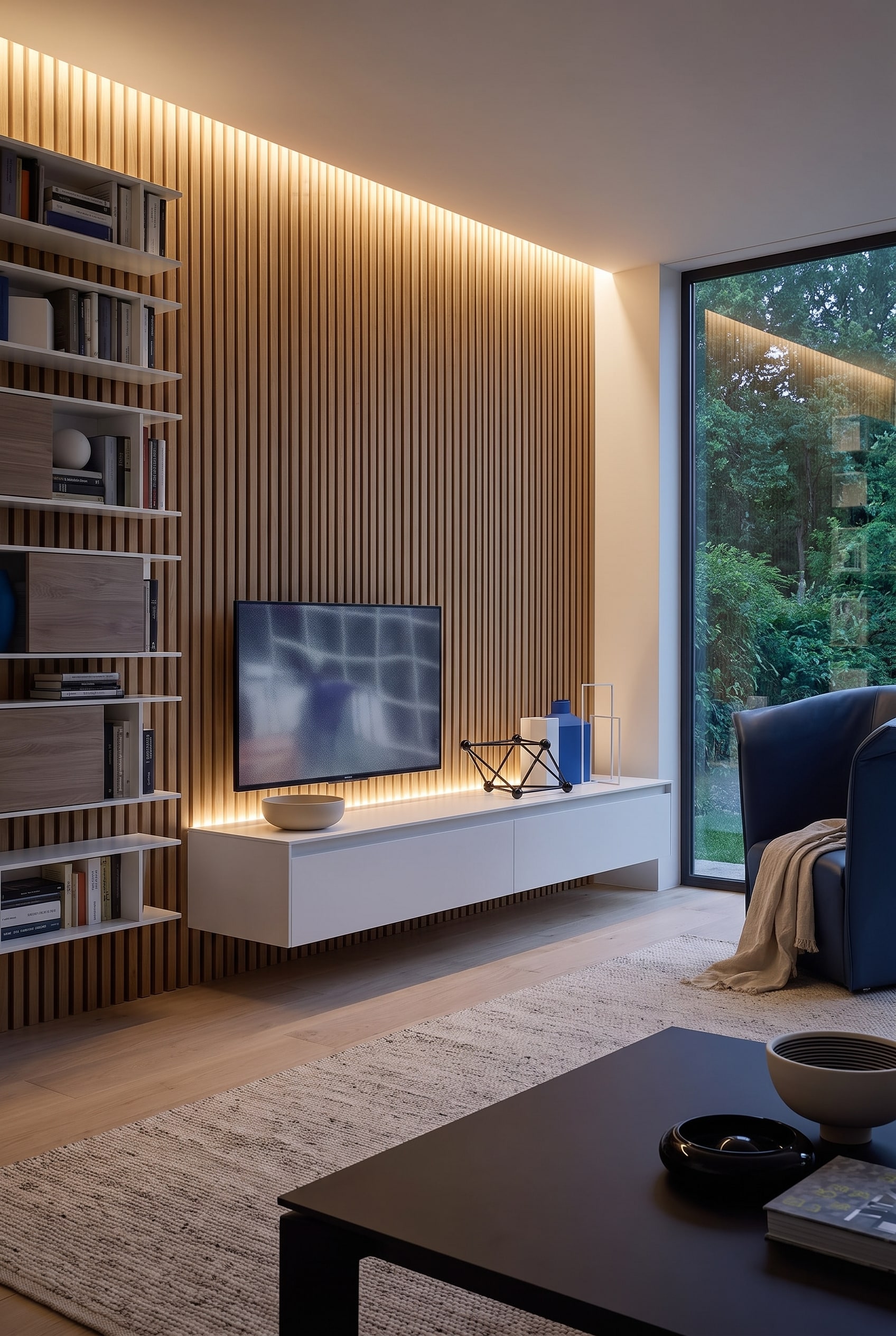 Wohnzimmer mit weitem Blick nach draußen, Holzlamellenwand und einem schwebenden TV-Lowboard in mattem Beige