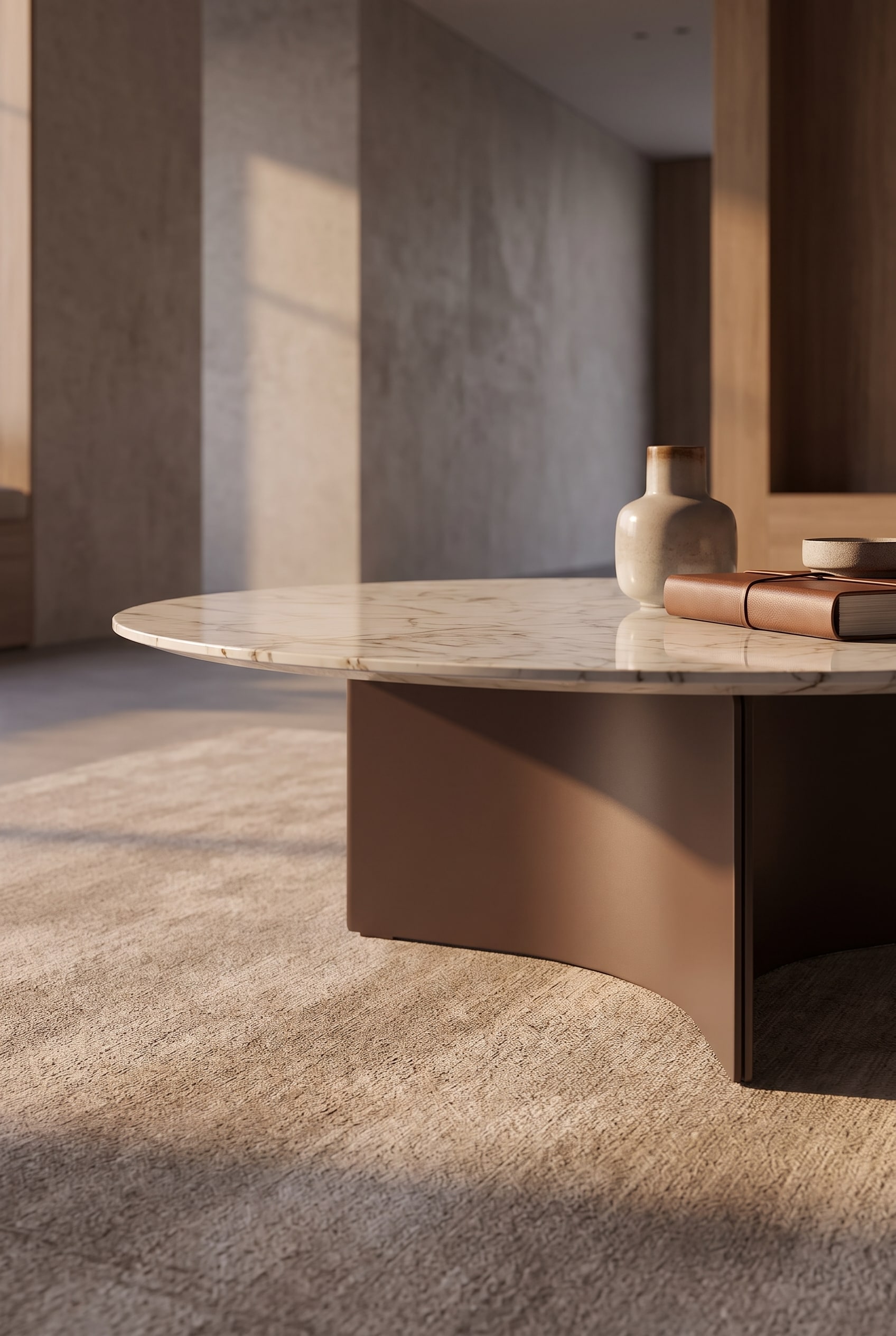 Seitenansicht des Couchtisches, die die schwebende Optik der Keramikplatte zeigt