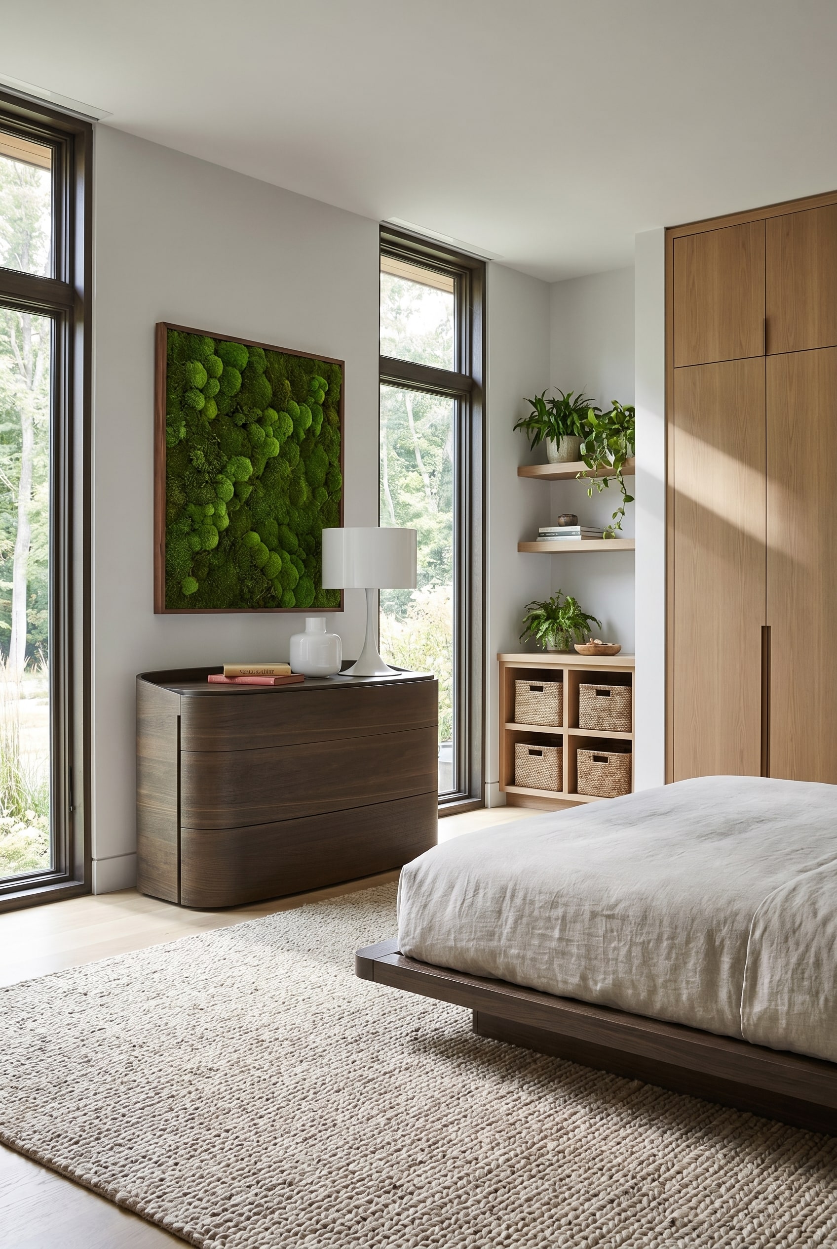 Minimalistisches Schlafzimmer mit dunkelbrauner Kommode mit abgerundeten Ecken, dar&uuml;ber ein Moosbild und eine wei&szlig;e Tischleuchte