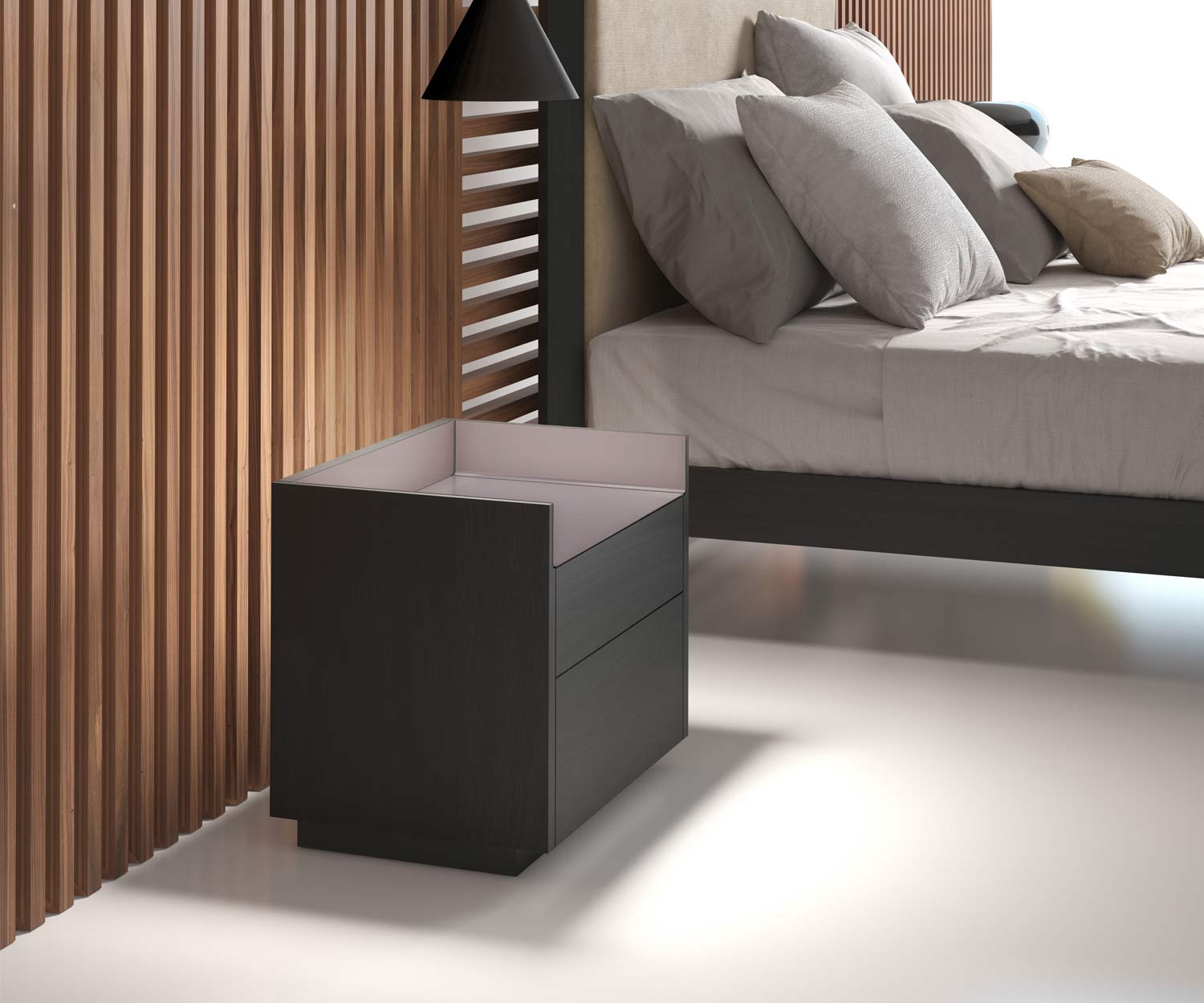 Table de nuit design de haute qualité dans la chambre à coucher avec deux tiroirs foncés