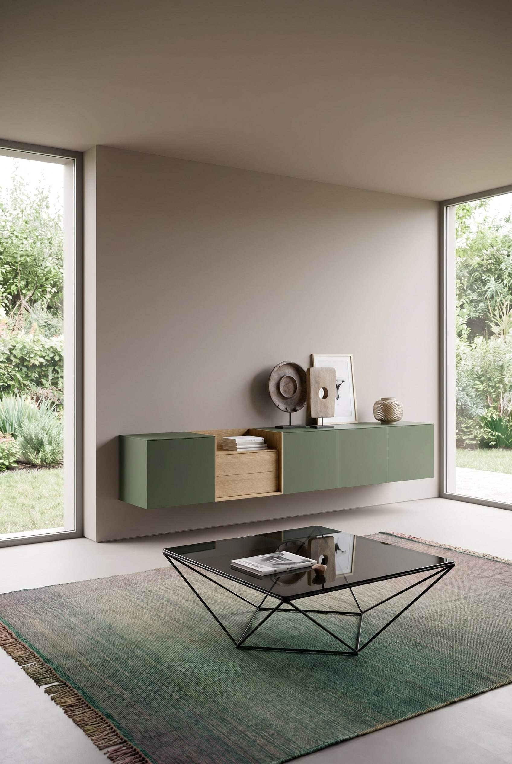 Minimalistisches Wohnzimmer mit nahtlos in Taupe gestrichener Wand und schwebendem Wand Sideboard in mattem Olivgr&uuml;n
