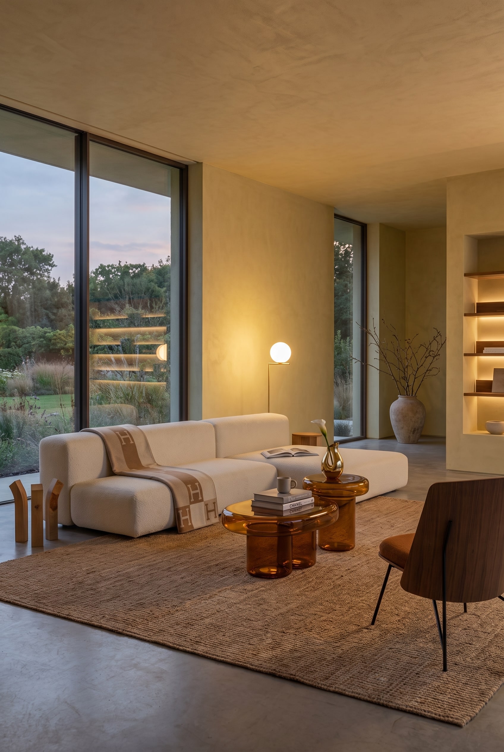 Minimalistisches Wohnzimmer mit einem voluminösen, asymmetrischen Stoffsofa in Creme und einem einfachen Beistelltisch aus Eichenholz