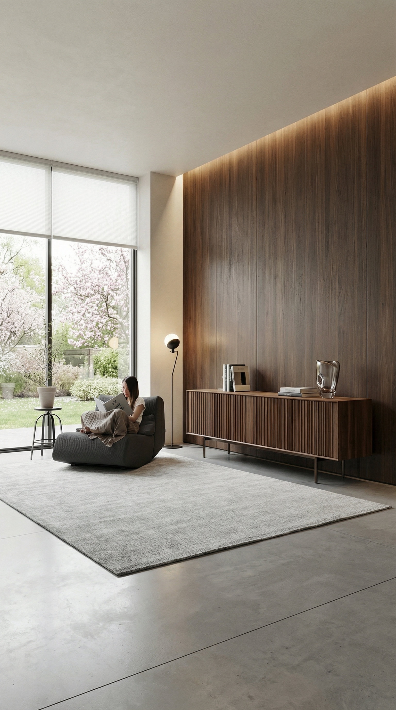 Salon &eacute;l&eacute;gant de style Modern Heritage avec murs en bois fonc&eacute; et mobilier minimaliste