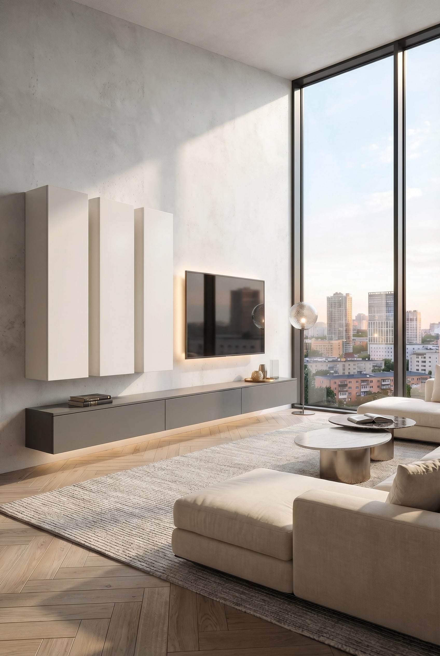 Ensemble mural blanc minimaliste C105 dans un salon moderne avec de grandes fen&ecirc;tres et une lumi&egrave;re du jour douce