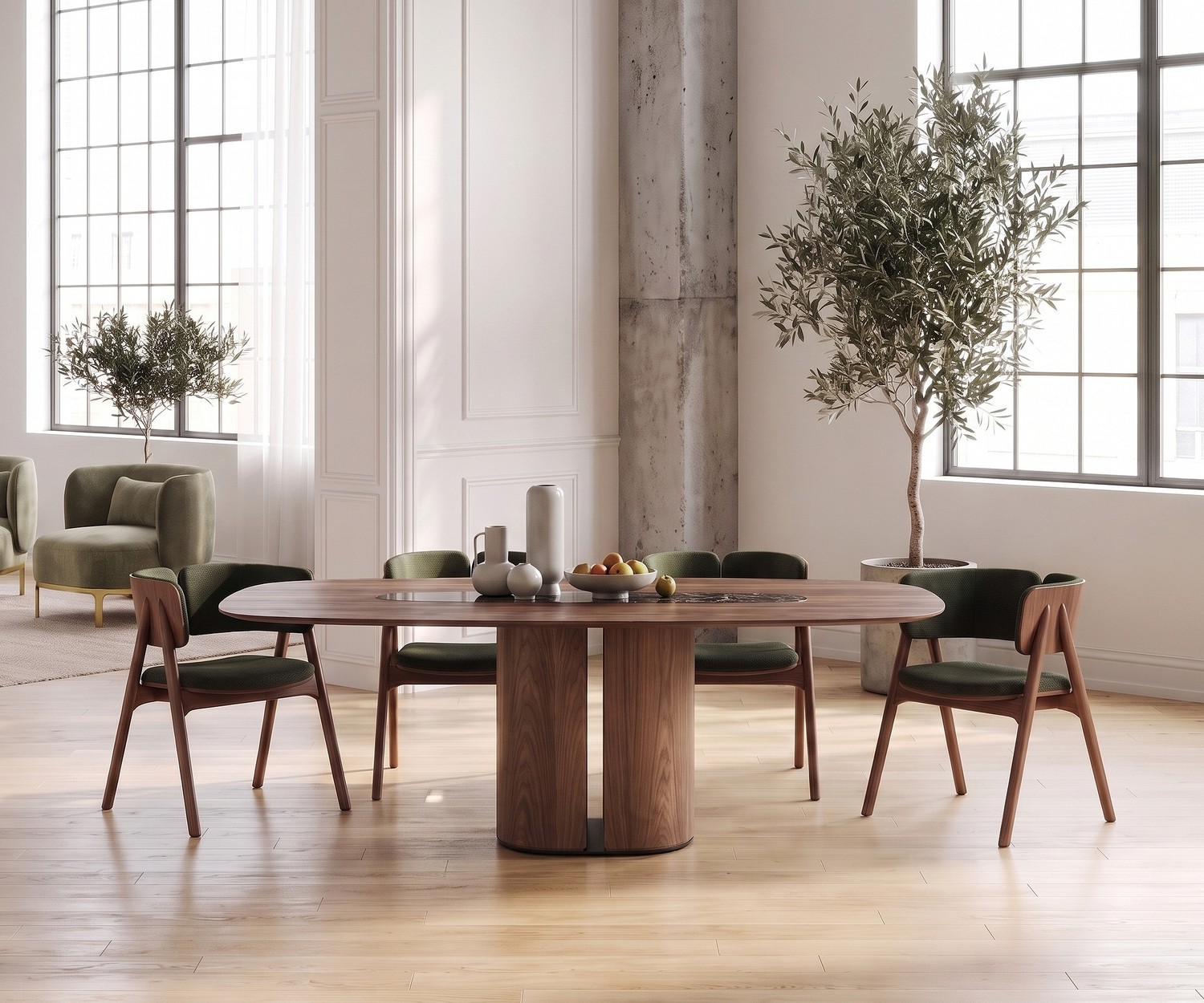 Table à manger al2 el-it c 001 en bois pour salle à manger moderne, dans un loft lumineux avec chaises vertes.