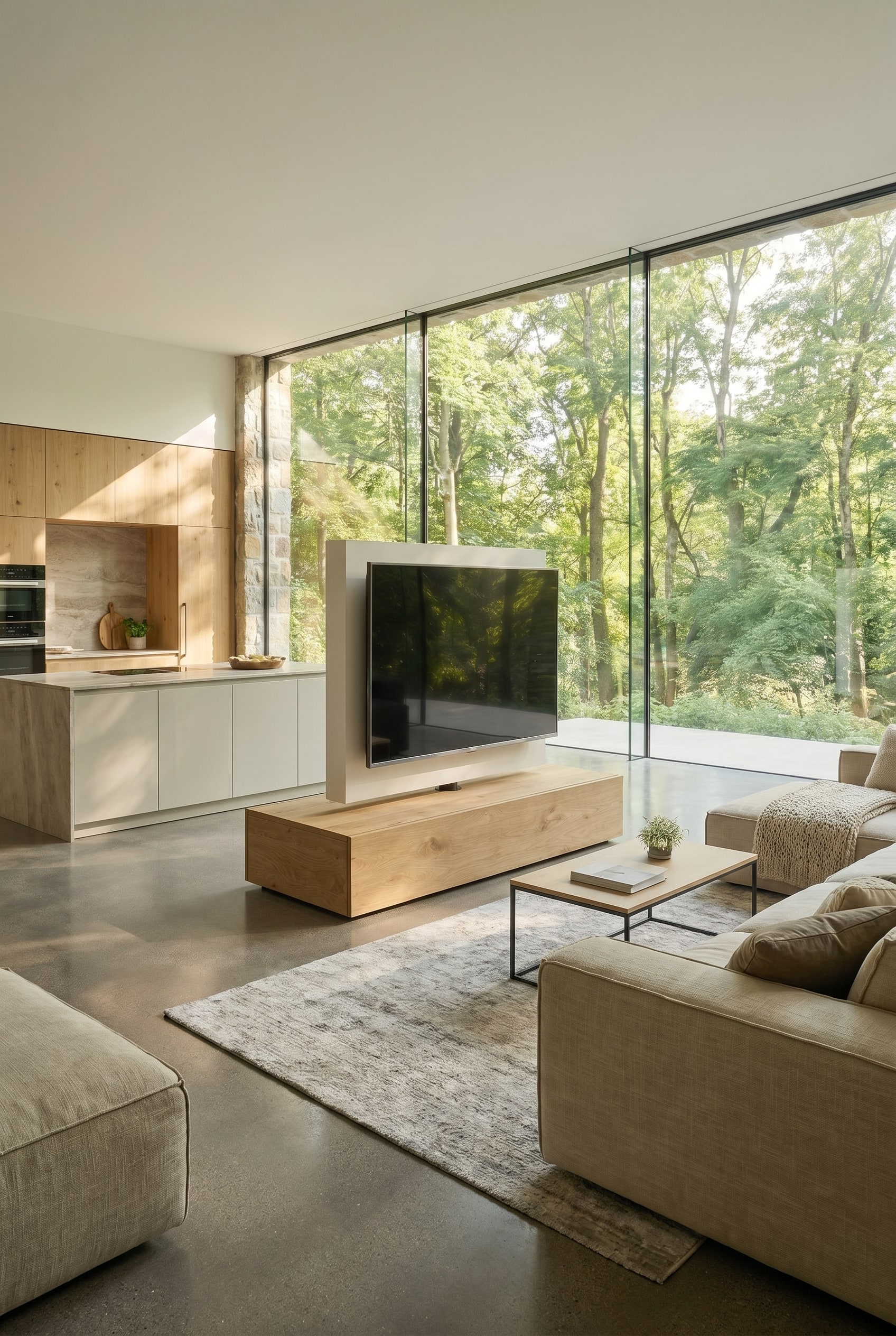 S&eacute;parateur de pi&egrave;ce avec panneau pivotant entre canap&eacute; et &icirc;lot de cuisine dans un loft de luxe