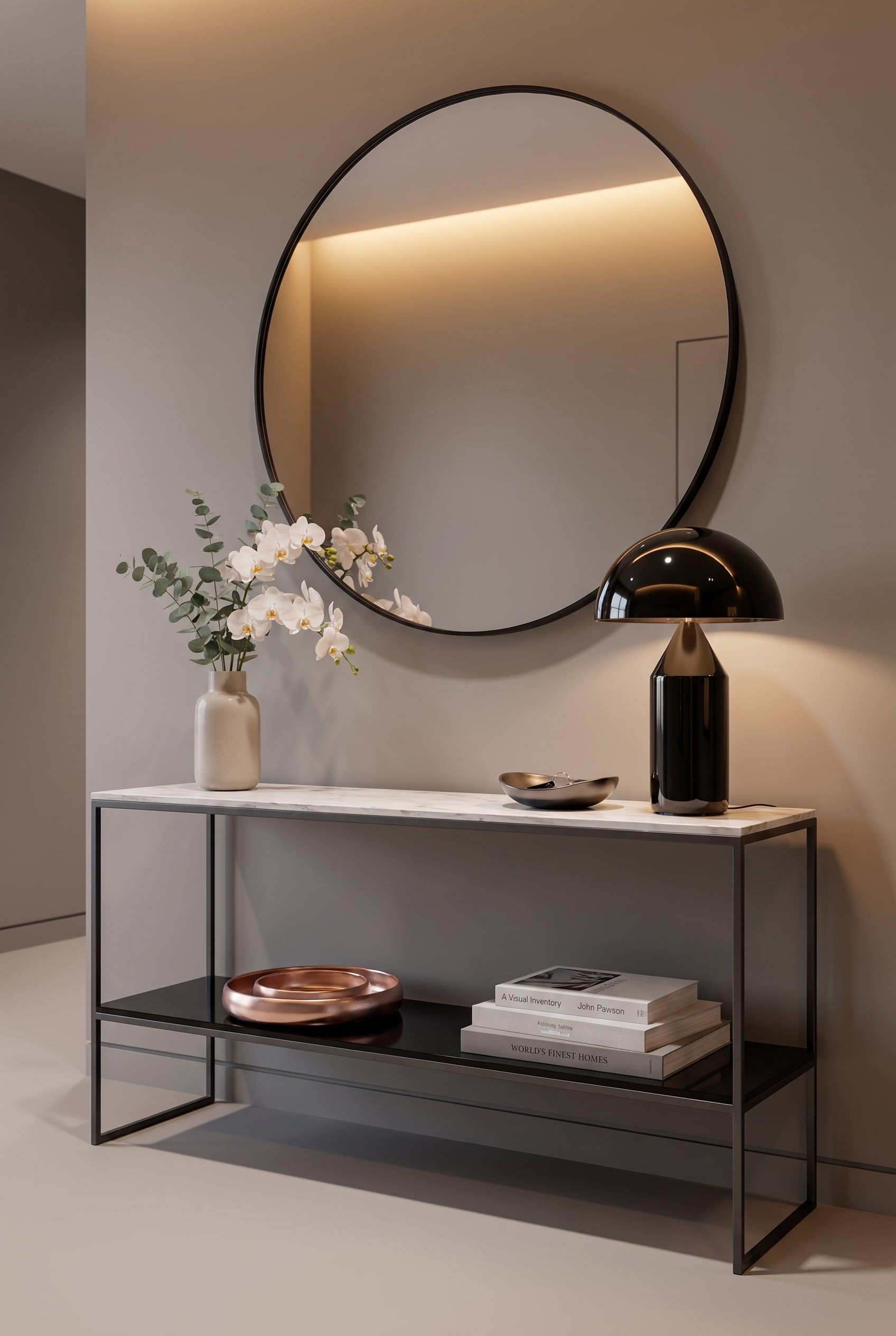 Console Marelli Frame minimaliste avec plateau en c&eacute;ramique insensible dans l'entr&eacute;e.