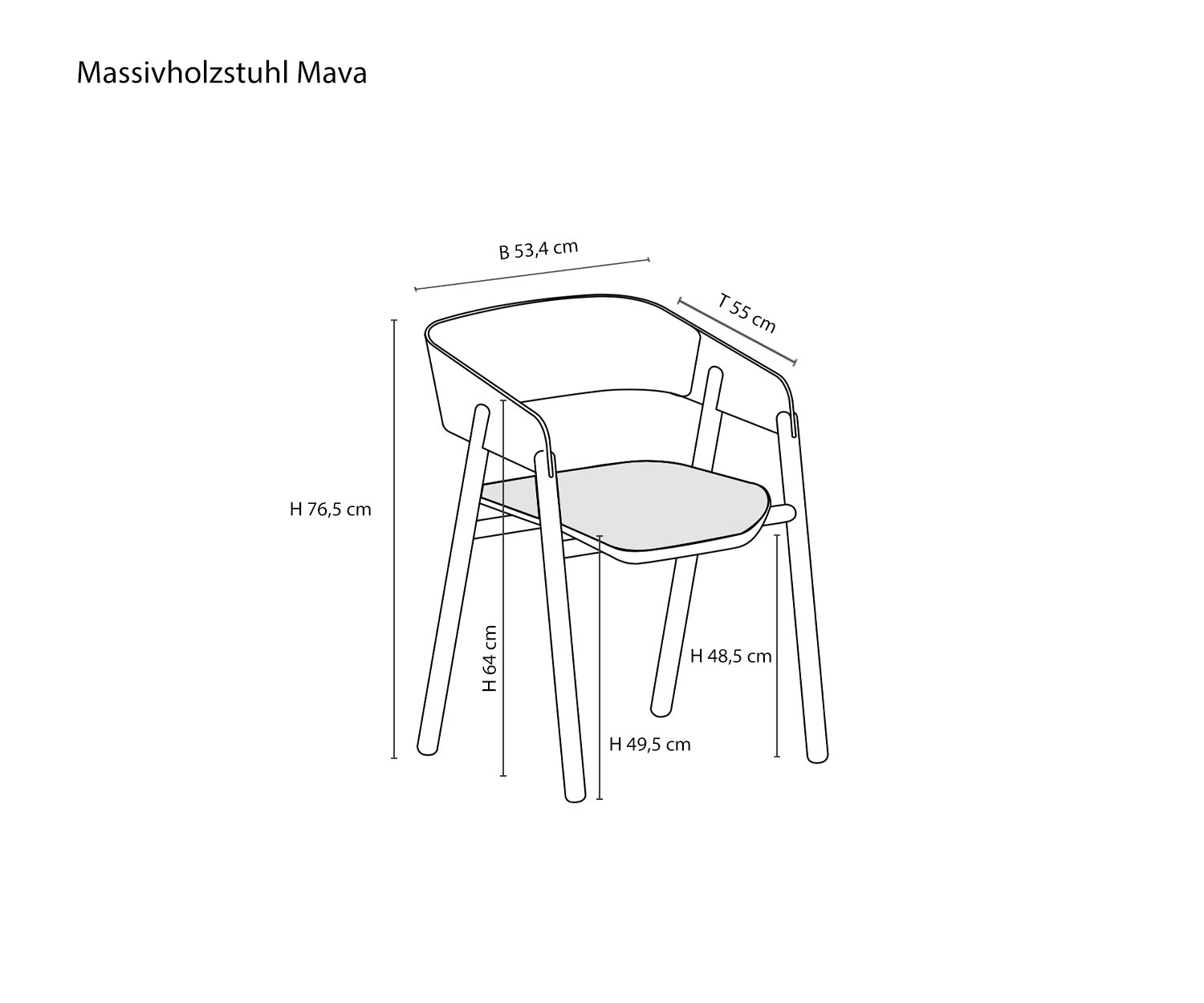 Chaise en bois de designer Mava de Punt Esquisse Dimensions Dimensions
