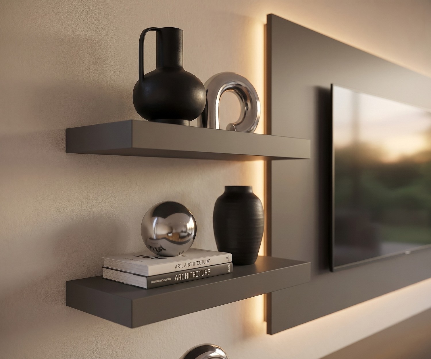 Ensemble mural TV Livitalia C108 avec cheminée Ensemble mural TV Livitalia C108 avec meuble bas à cheminée et panneau rétroéclairé gris anthracite.
