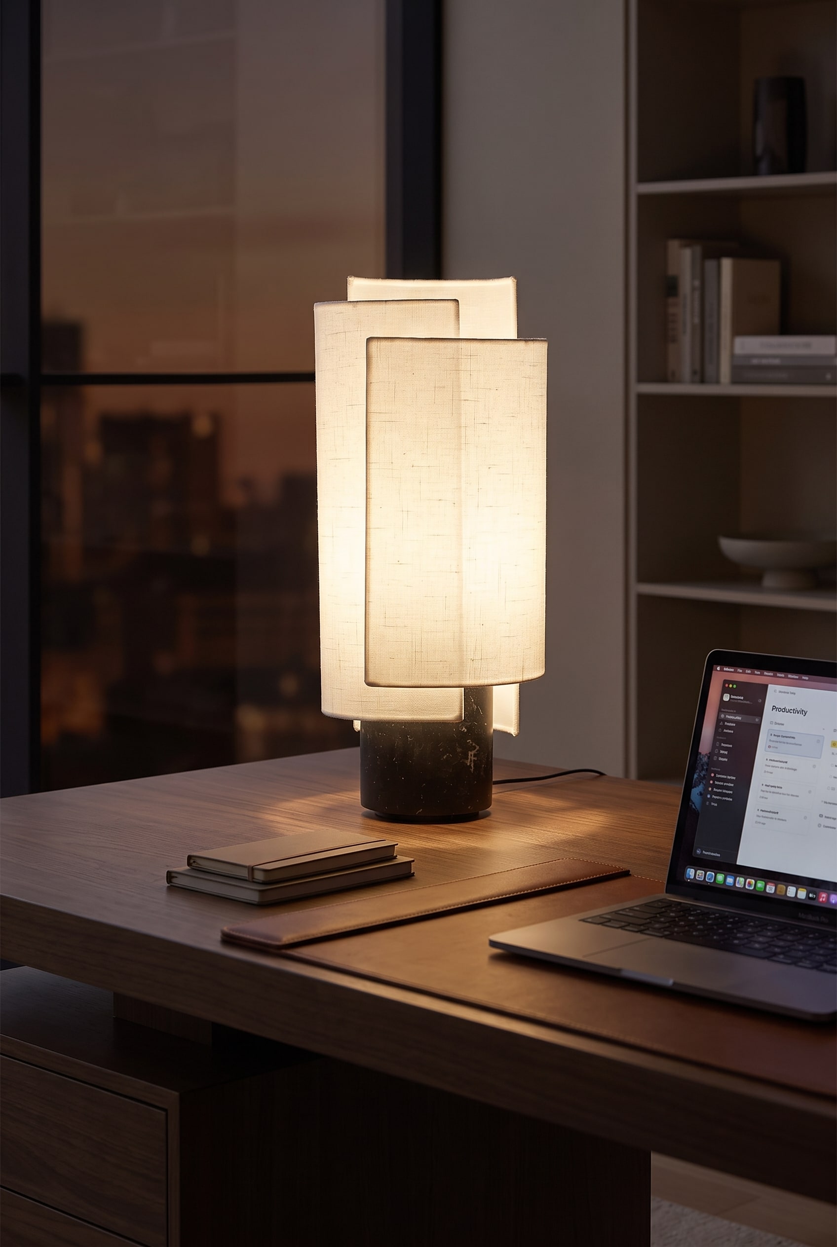 Bureau en marbre foncé avec une élégante lampe de table en pierre noire et abat-jour en textile clair devant une fenêtre