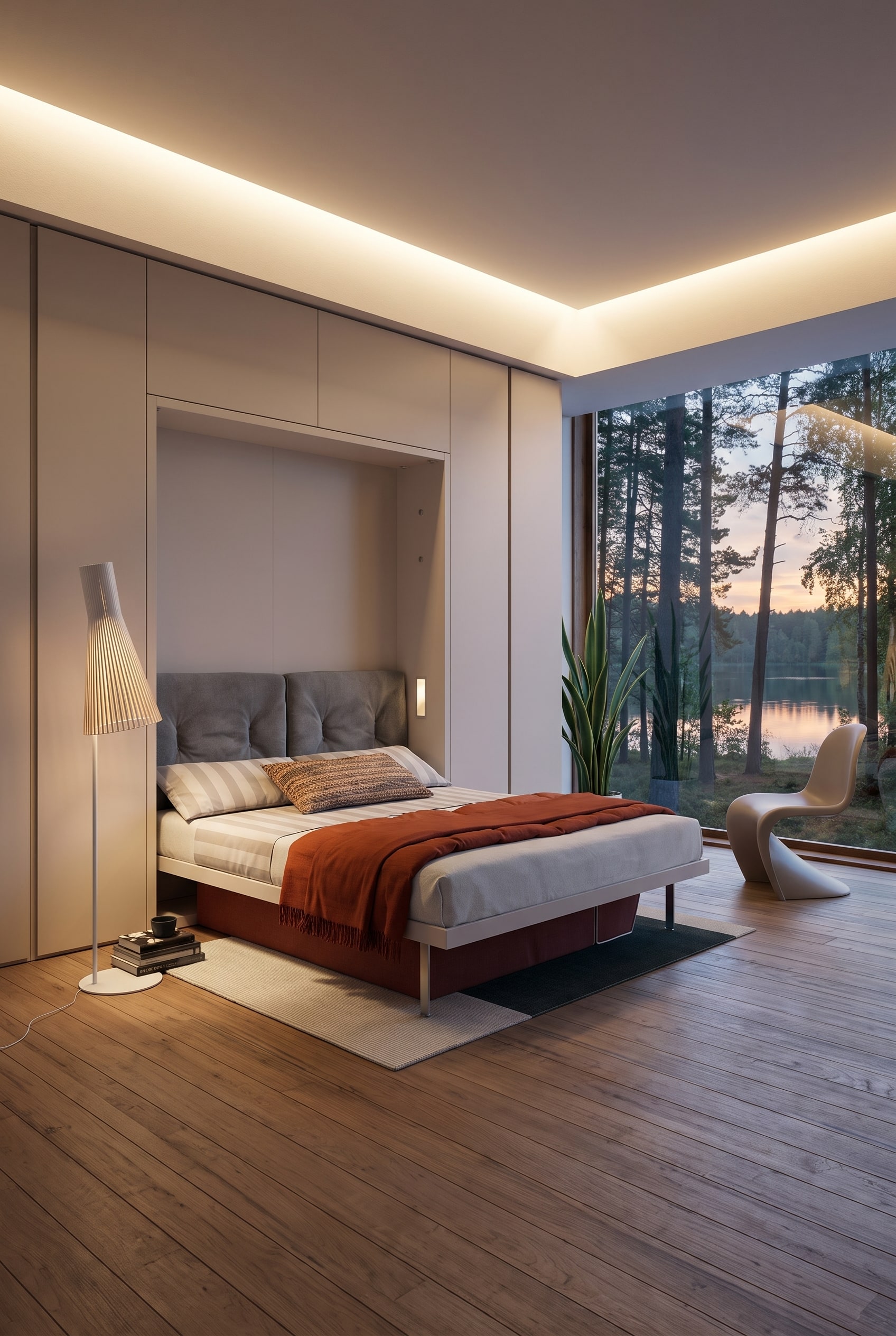 Espace minimaliste avec des fa&ccedil;ades d'armoires lisses et sans poign&eacute;es, en laque mate, derri&egrave;re lesquelles se cache un lit escamotable affleurant