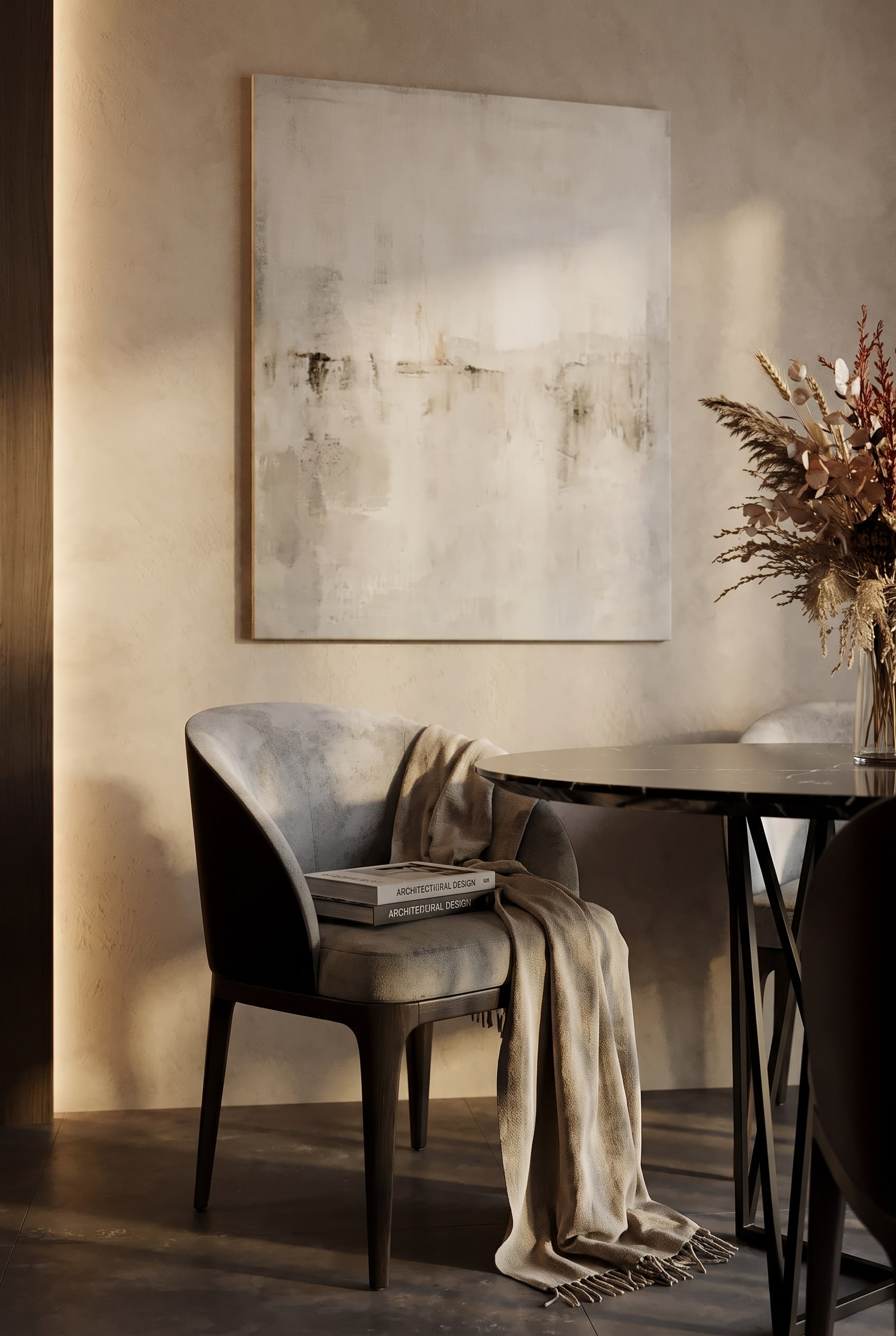Gros plan d'un fauteuil gris à une table, en arrière-plan un tableau mural plat avec beaucoup d'espace de mouvement