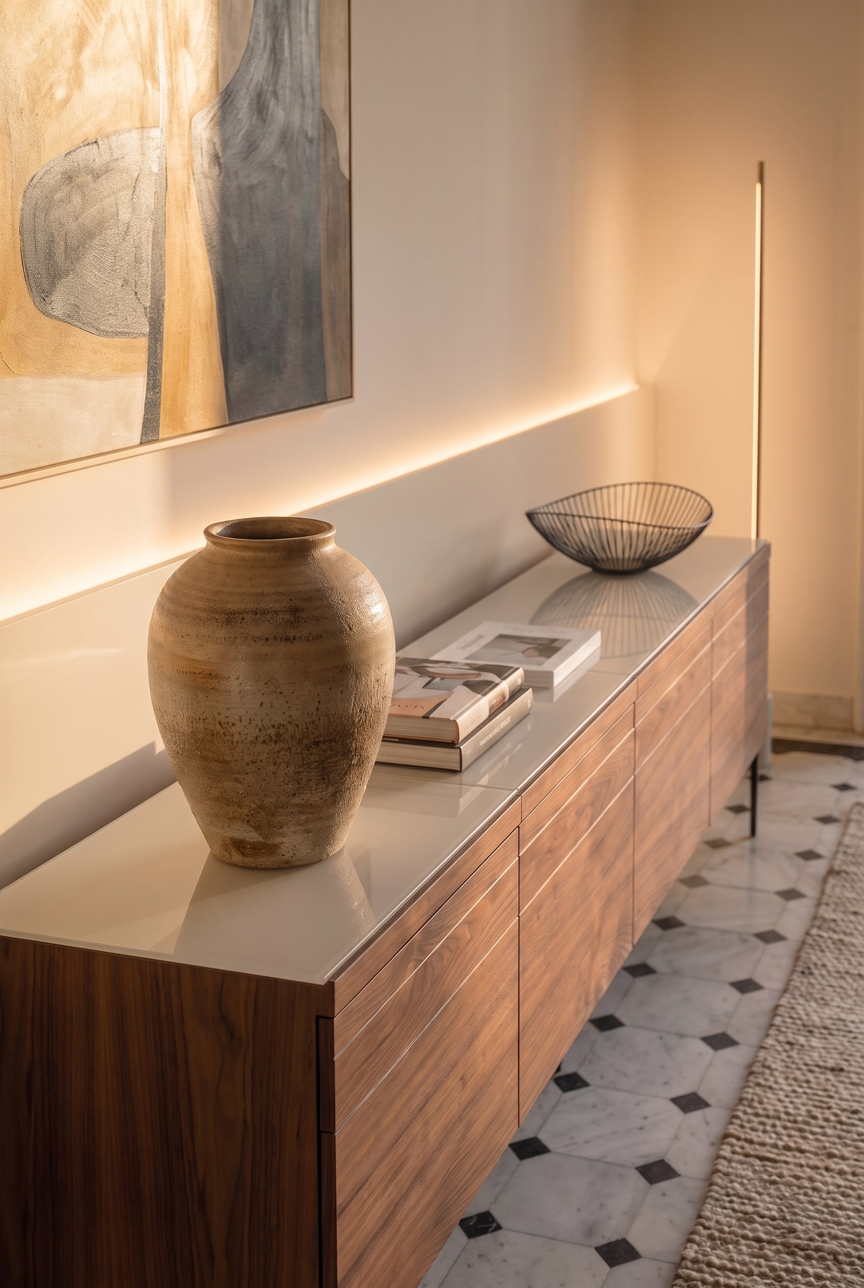 Gros plan d'un buffet en bois avec plateau brillant, d&eacute;cor&eacute; d'un vase rustique et de livres.