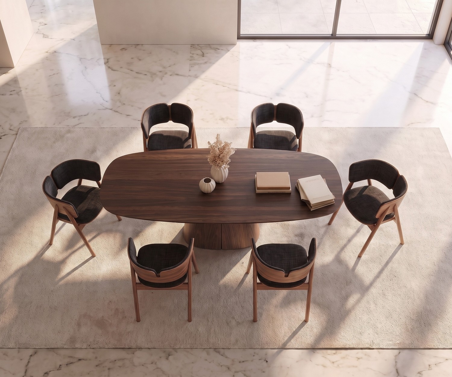 al2 tessera 001 ovaler Design-Esstisch aus Holz al2 tessera 001 ovaler Design-Esstisch aus Holz für das Esszimmer mit eleganten Holzstühlen auf Teppich.