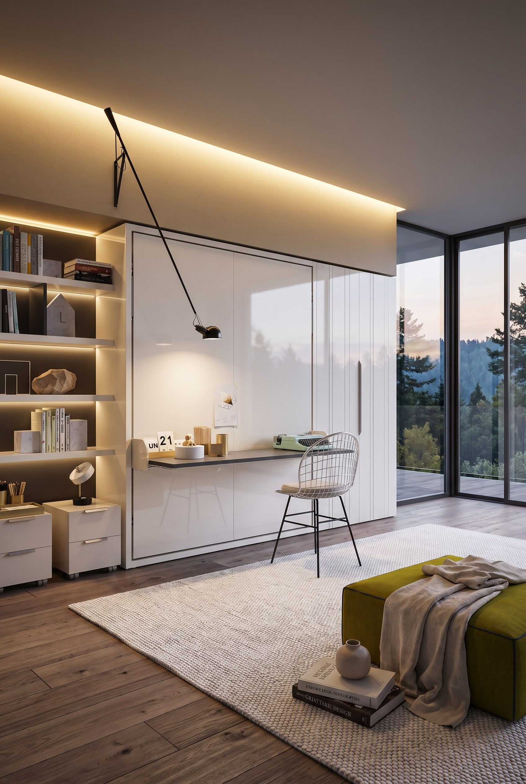 Bureau moderne avec lit escamotable int&eacute;gr&eacute; et bureau abaissable horizontalement, ainsi qu'une chaise de bureau devant de grandes fen&ecirc;tres