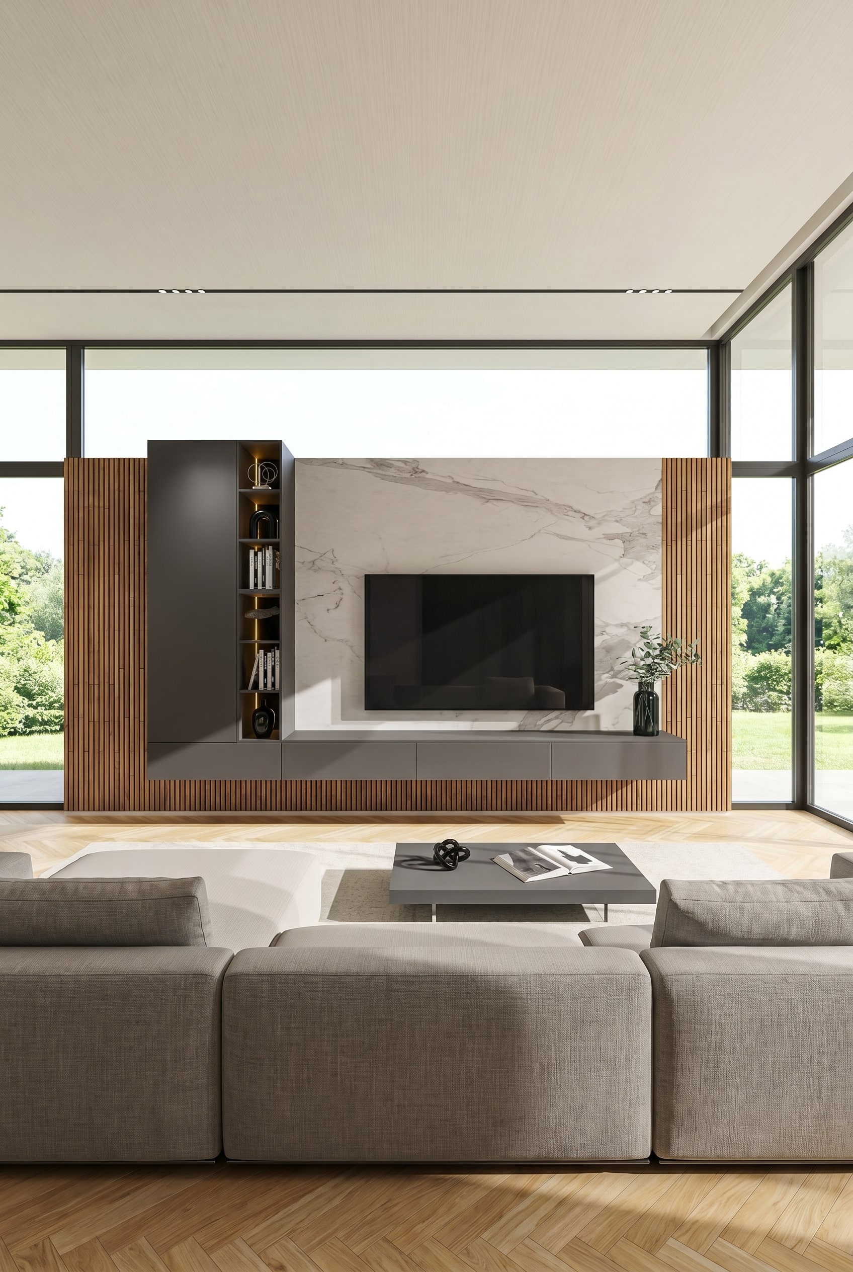 Luxuriöses Wohnzimmer mit grauer Wohnwand, asymmetrischem Regal, Marmor-Rückwand und Holzlamellen