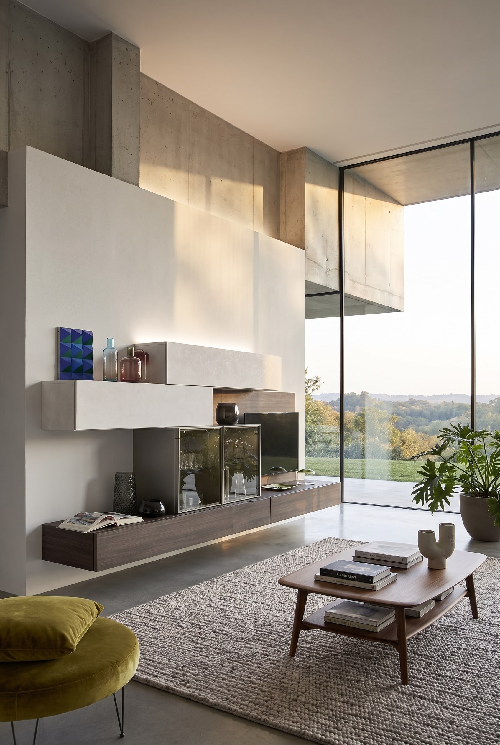 Moderne Livitalia Wohnwand C35 mit schwenkbarem TV-Paneel in einem stilvollen L-förmigen Wohnzimmer.