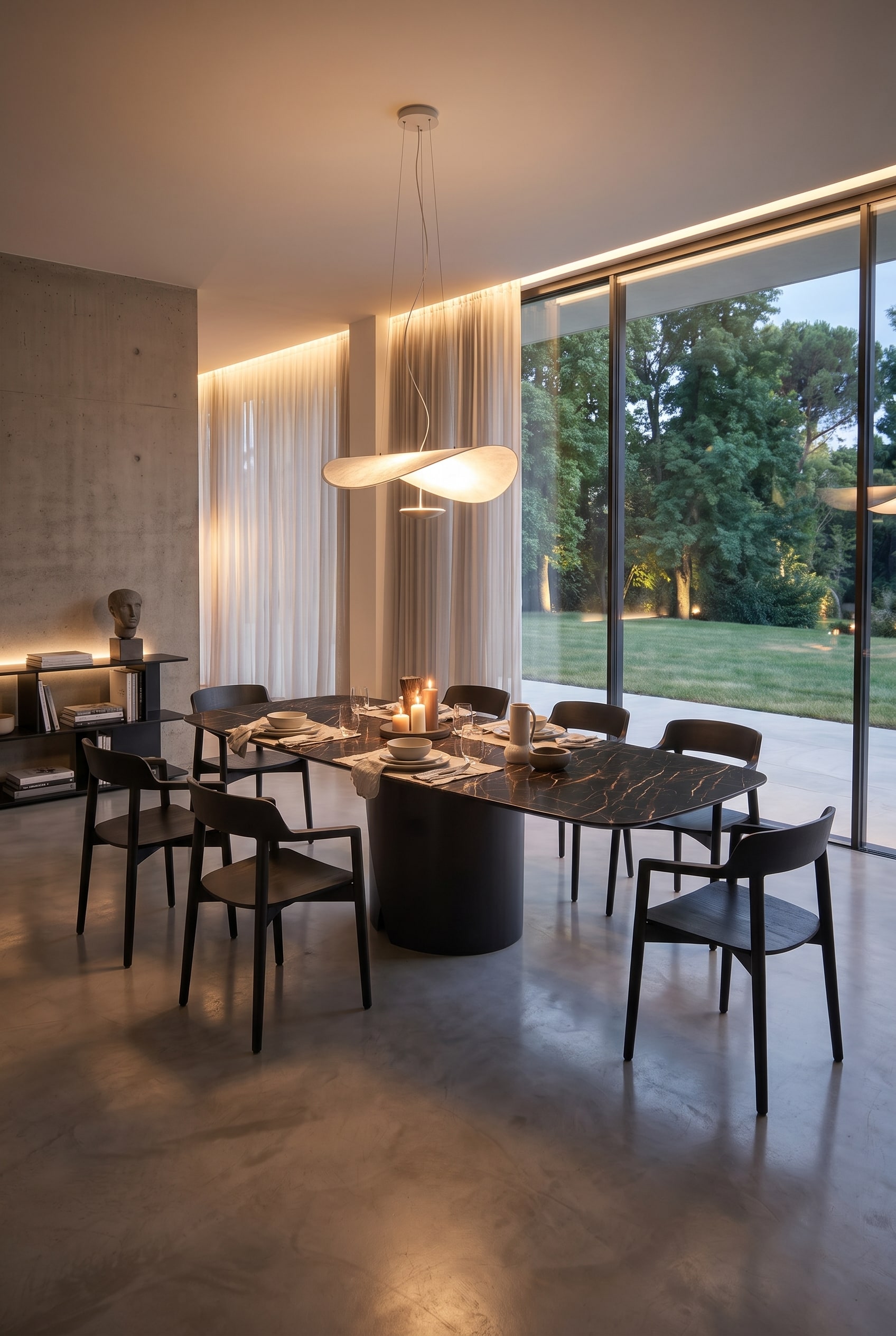 Salle à manger spacieuse avec une grande table en céramique foncée marbrée et six chaises en bois noires