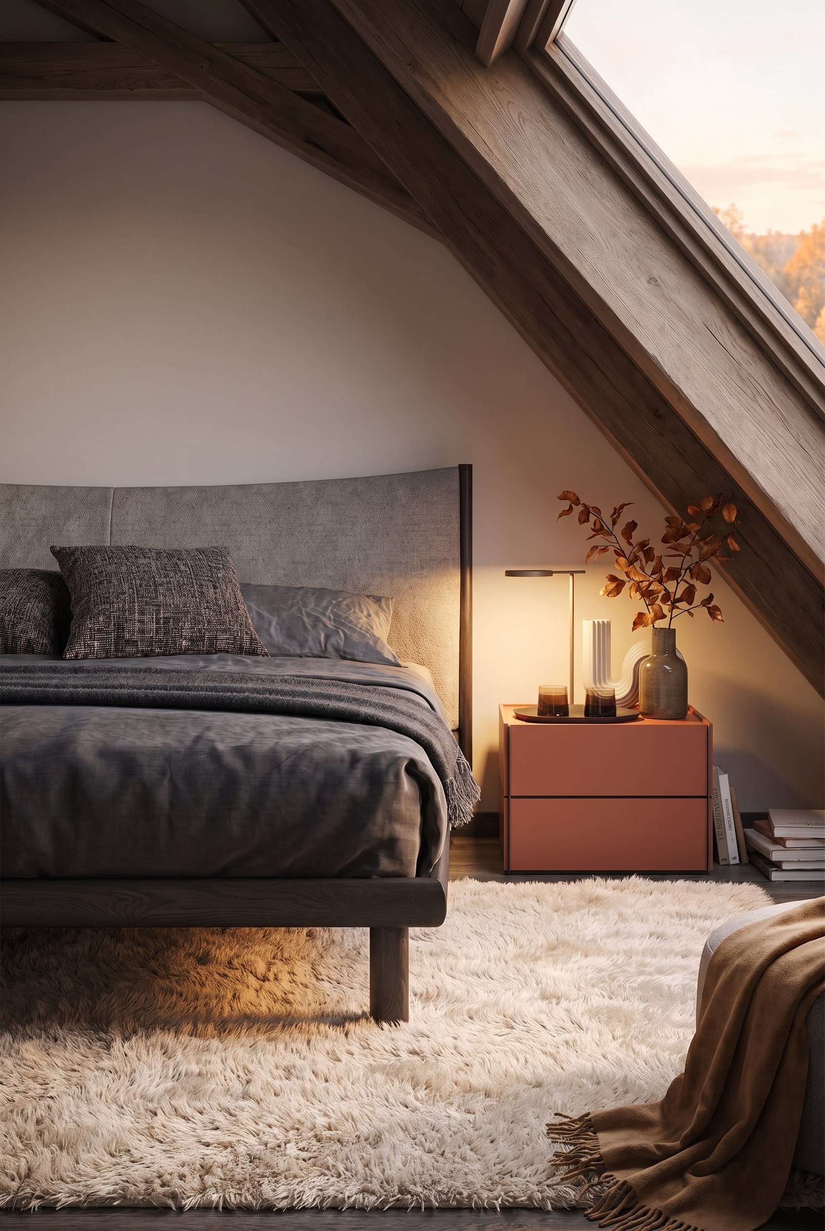 Gros plan d'un lit en bois noble avec une housse en lin texturé, un tapis à poils longs et une lampe de chevet minimaliste