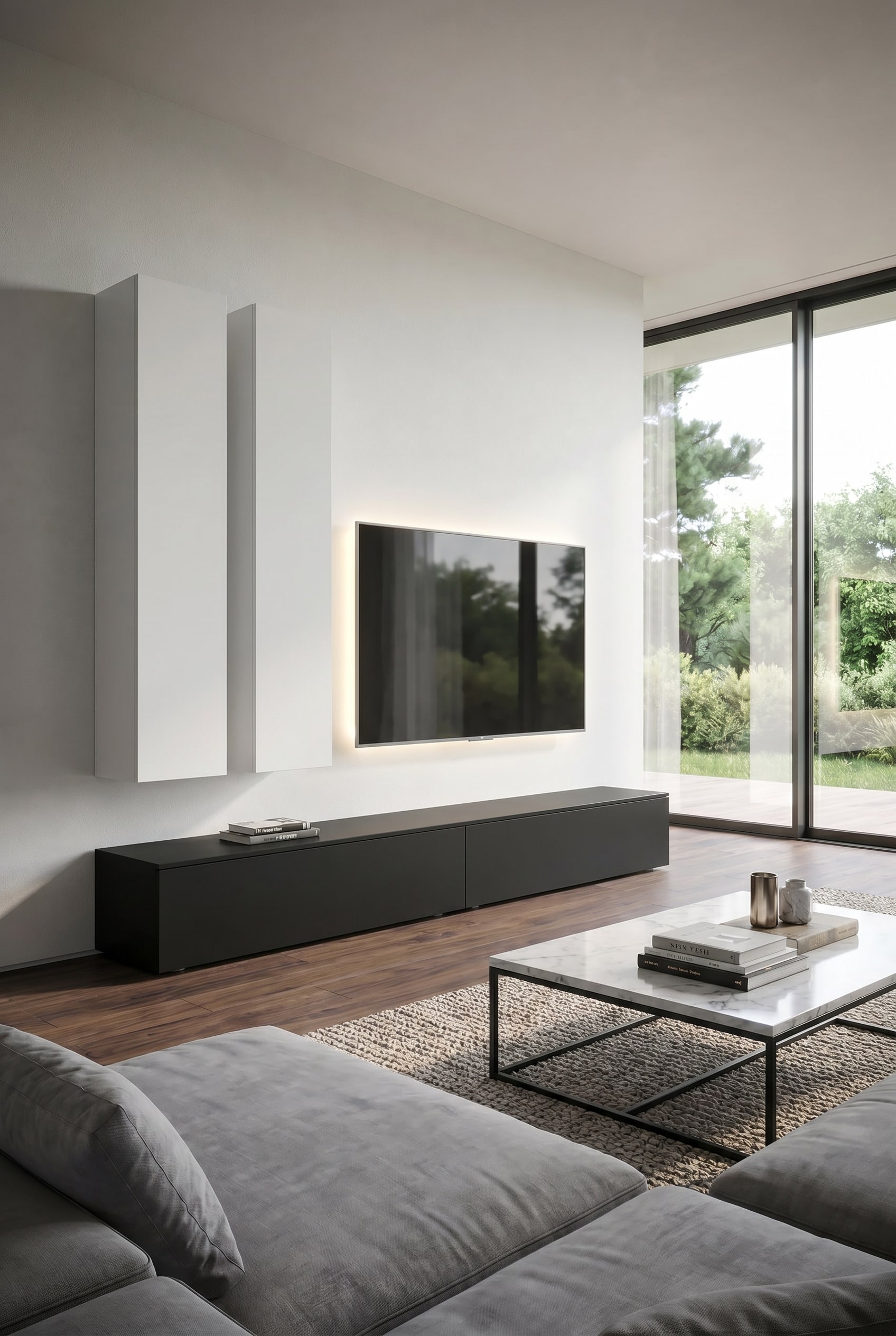 Meuble mural minimaliste, int&eacute;gr&eacute; &agrave; fleur de mur, avec gestion invisible des c&acirc;bles