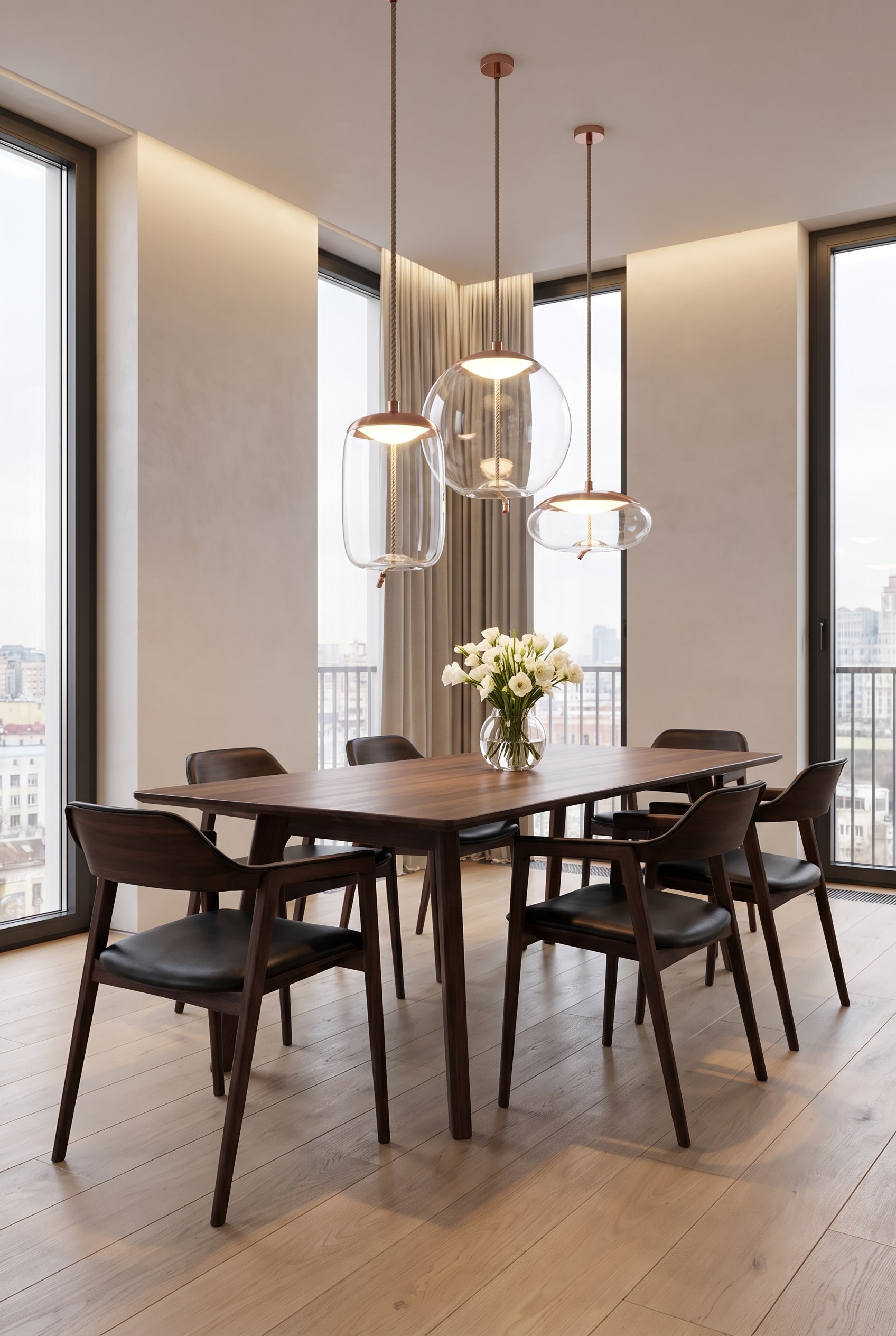 Salle à manger spacieuse avec une table en noyer foncé et un fauteuil dominant en bois avec assise rembourrée à l'extrémité.