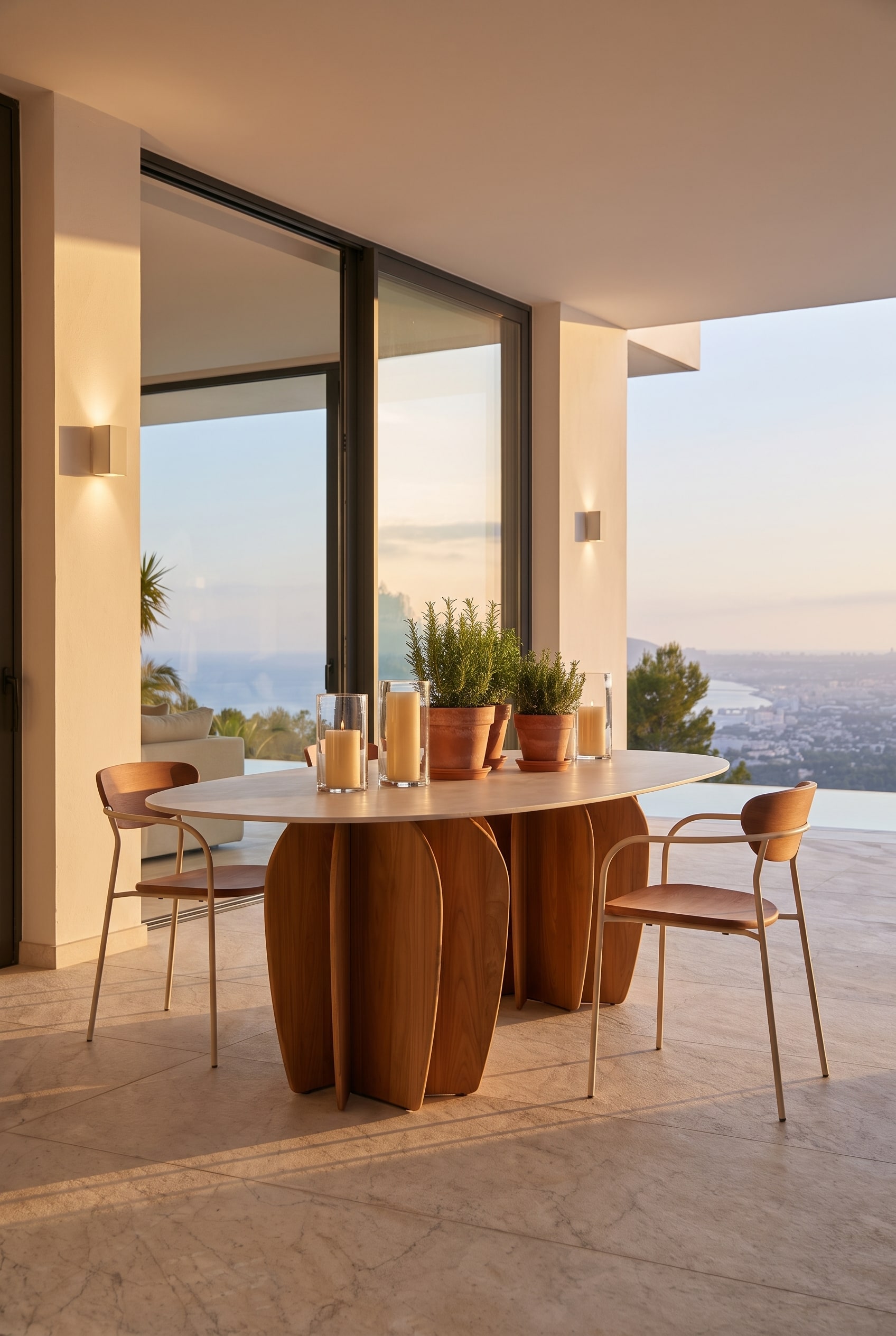 Terrasse ensoleillée avec table d'extérieur ovale en bois, lourds pots en terre cuite et chaises en bois assorties