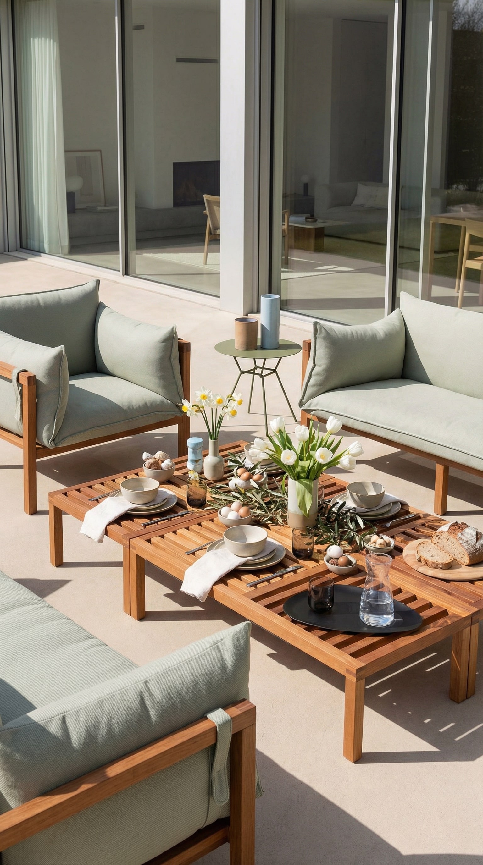 Niedriger massiver Outdoor Beistelltisch aus Holz neben gem&uuml;tlichen Loungekissen