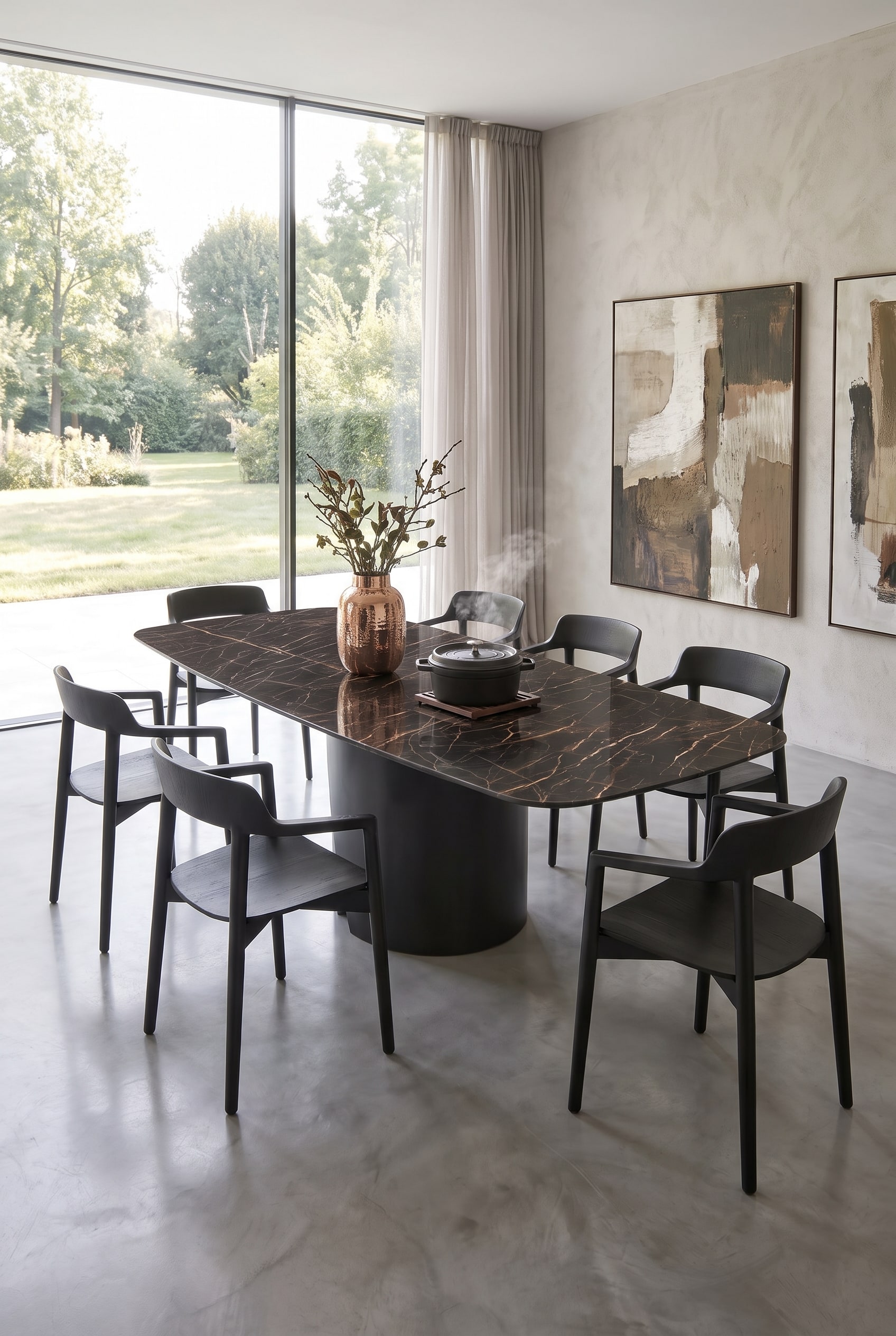 Un plat à rôtir en fonte chaud est posé directement sur le plateau aspect marbre de la table à manger en céramique Livitalia Plug sans nécessiter de dessous de plat.