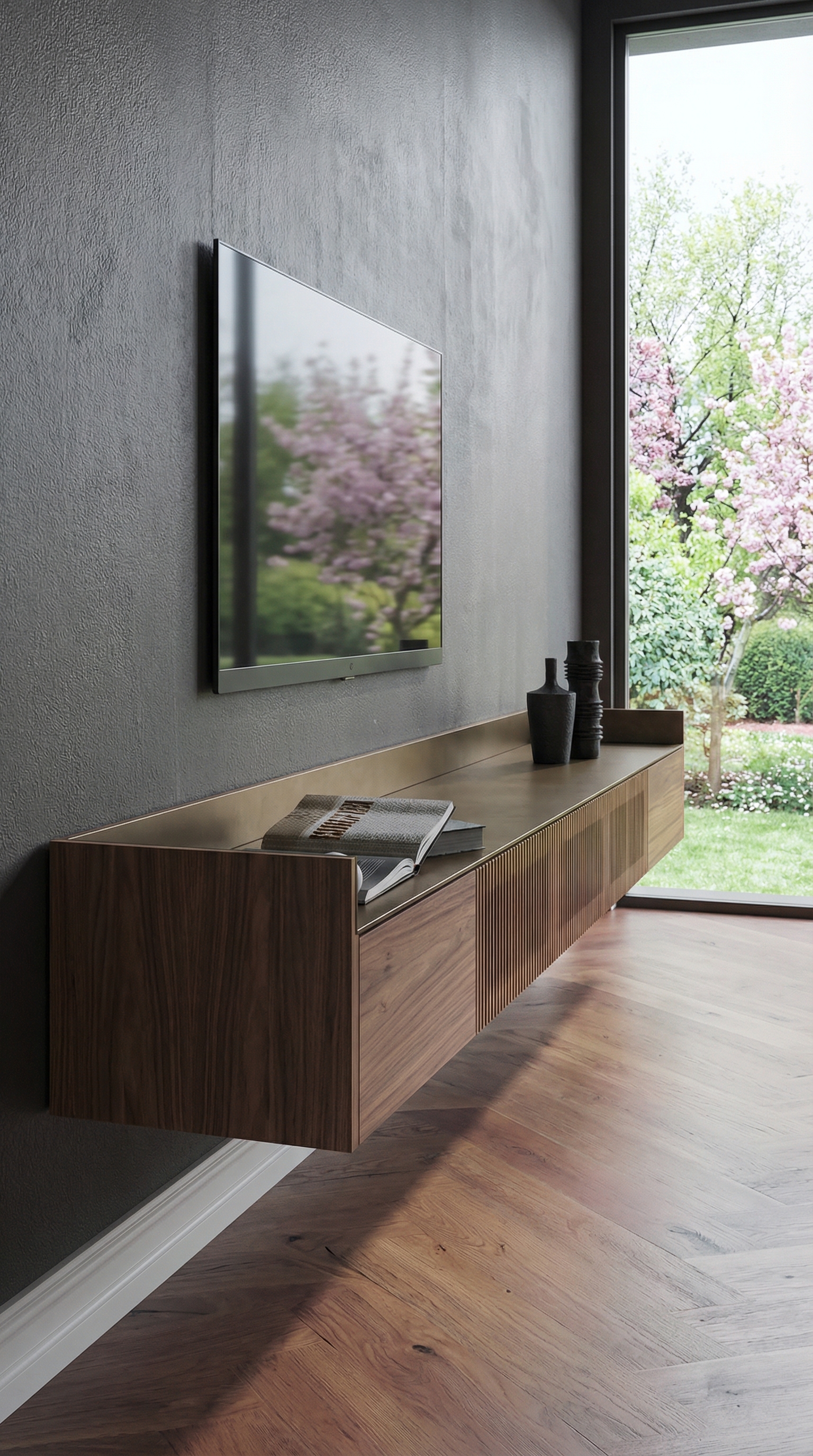 Punt Stockholm Slim Sideboard suspendu en noyer avec couvercle en bronze dans une ambiance moderne