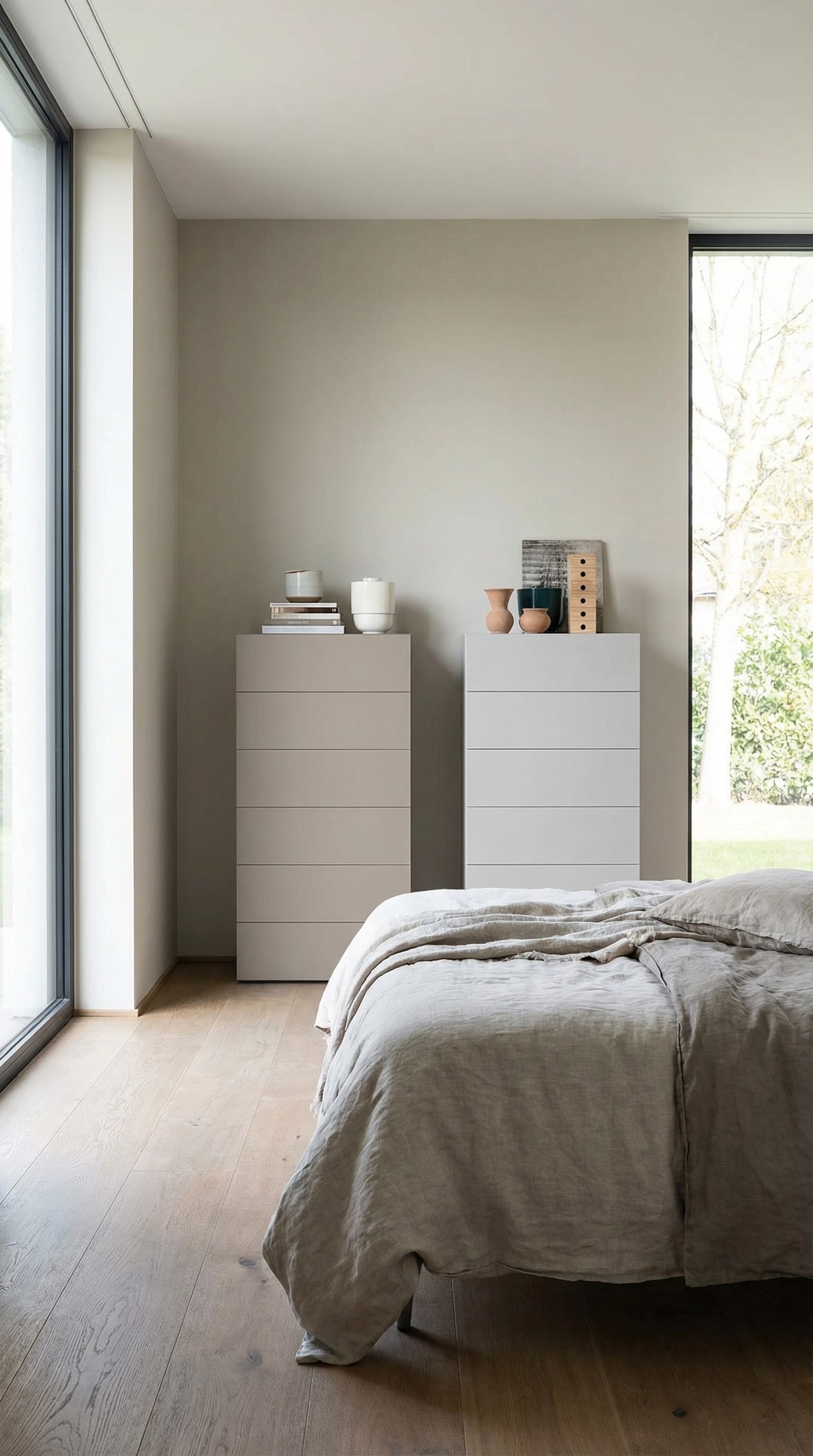 Deux commodes hautes élégantes et étroites dans une chambre moderne, rappelant visuellement une skyline gracieuse et donnant à la pièce une impression d'espace. Deux commodes hautes élégantes et étroites dans une chambre moderne, rappelant visuellement une skyline gracieuse et donnant à la pièce une impression d'espace.