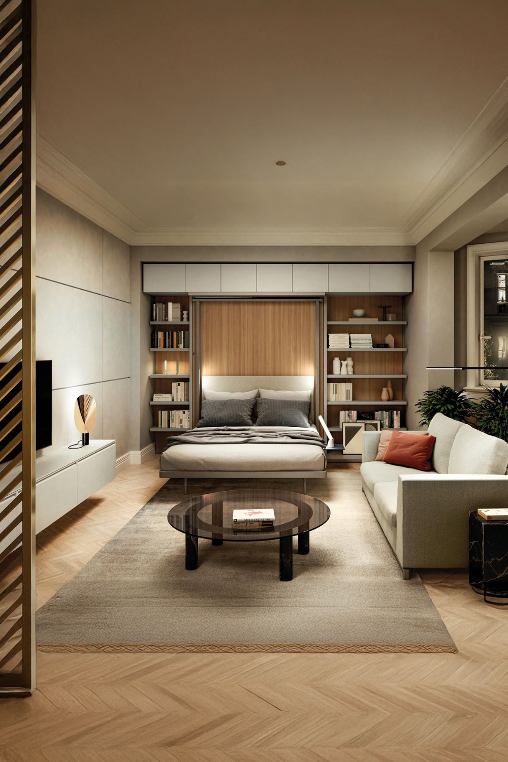 chambre au design moderne avec lit escamotable, commode murale TV, canapé et table basse