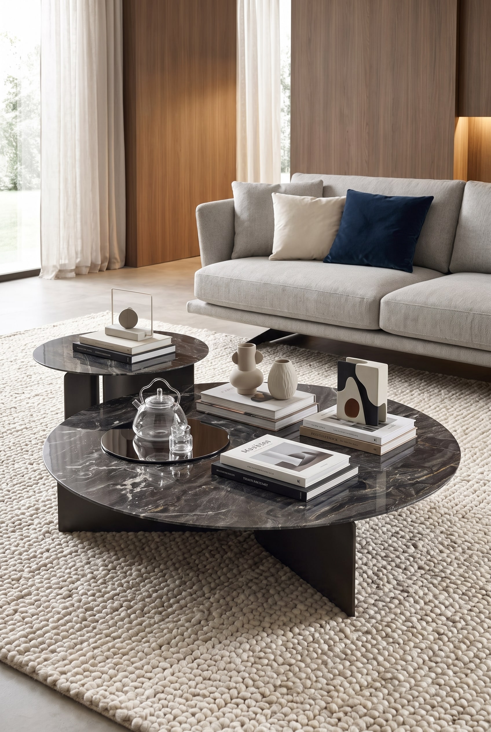 Salon moderne avec la table basse Marelli Wave de forme organique contrastant avec des canap&eacute;s aux lignes droites