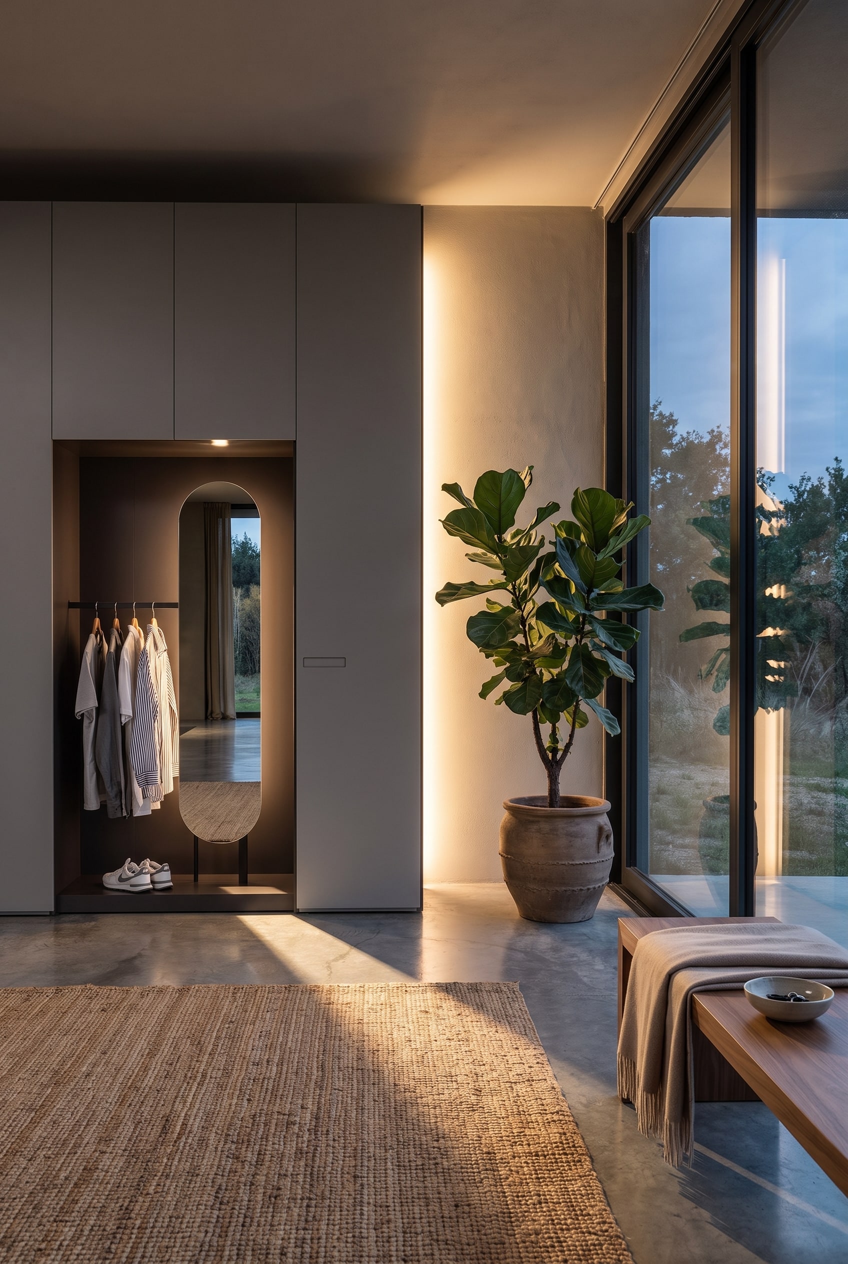 Entr&eacute;e avec une grande armoire ferm&eacute;e, une niche miroir ouverte et une plante verte