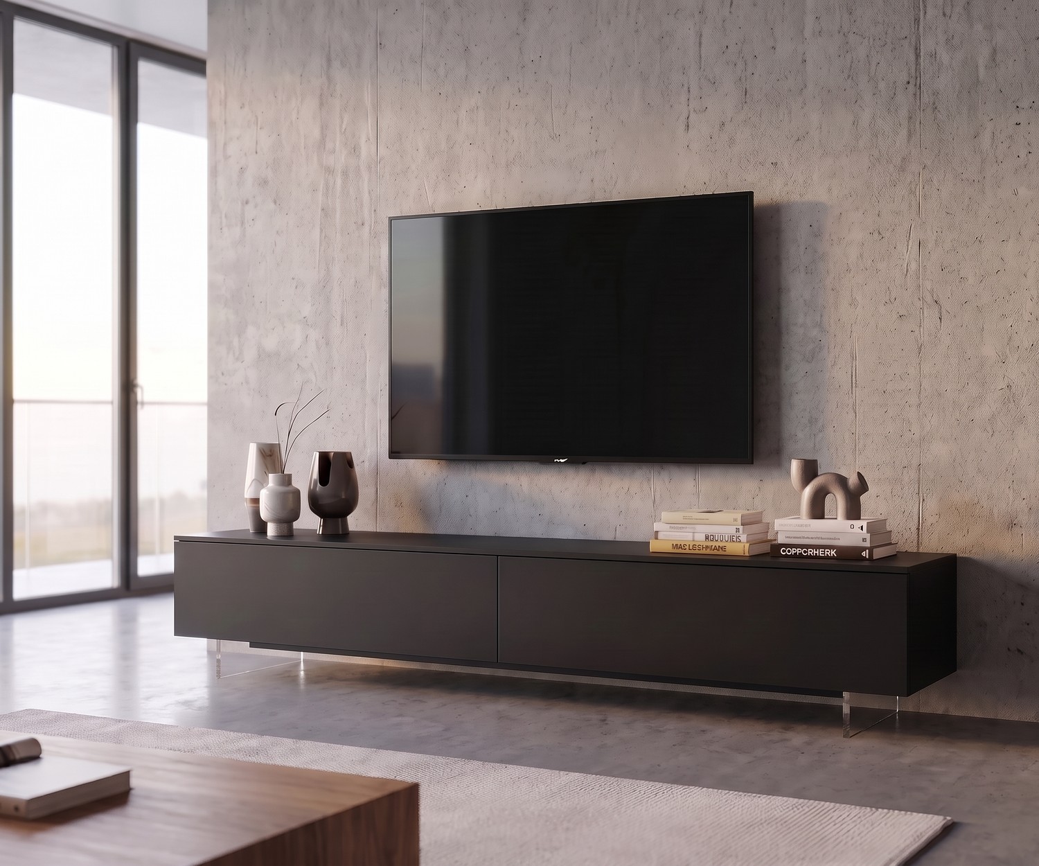 Socle TV transparent Livitalia pour meuble bas suspendu dans salon moderne avec mur en béton et meuble TV noir.