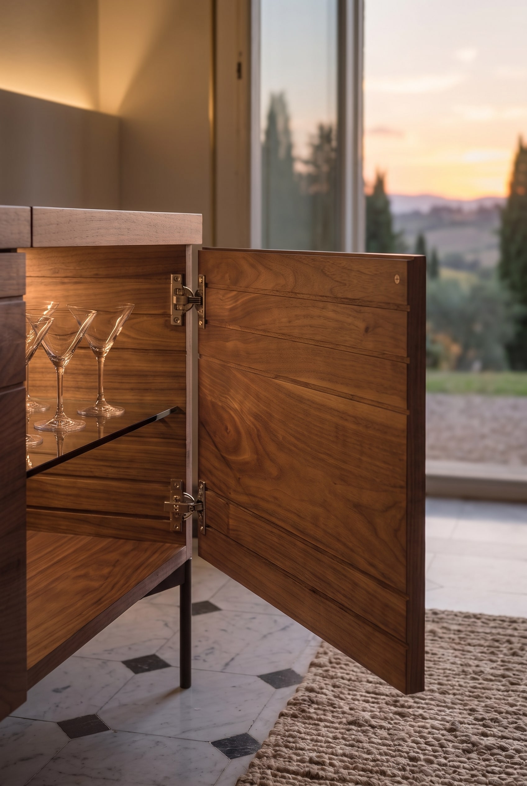 Porte ouverte d'un buffet en bois, à l'intérieur on peut voir des étagères en verre éclairées avec des verres à martini.