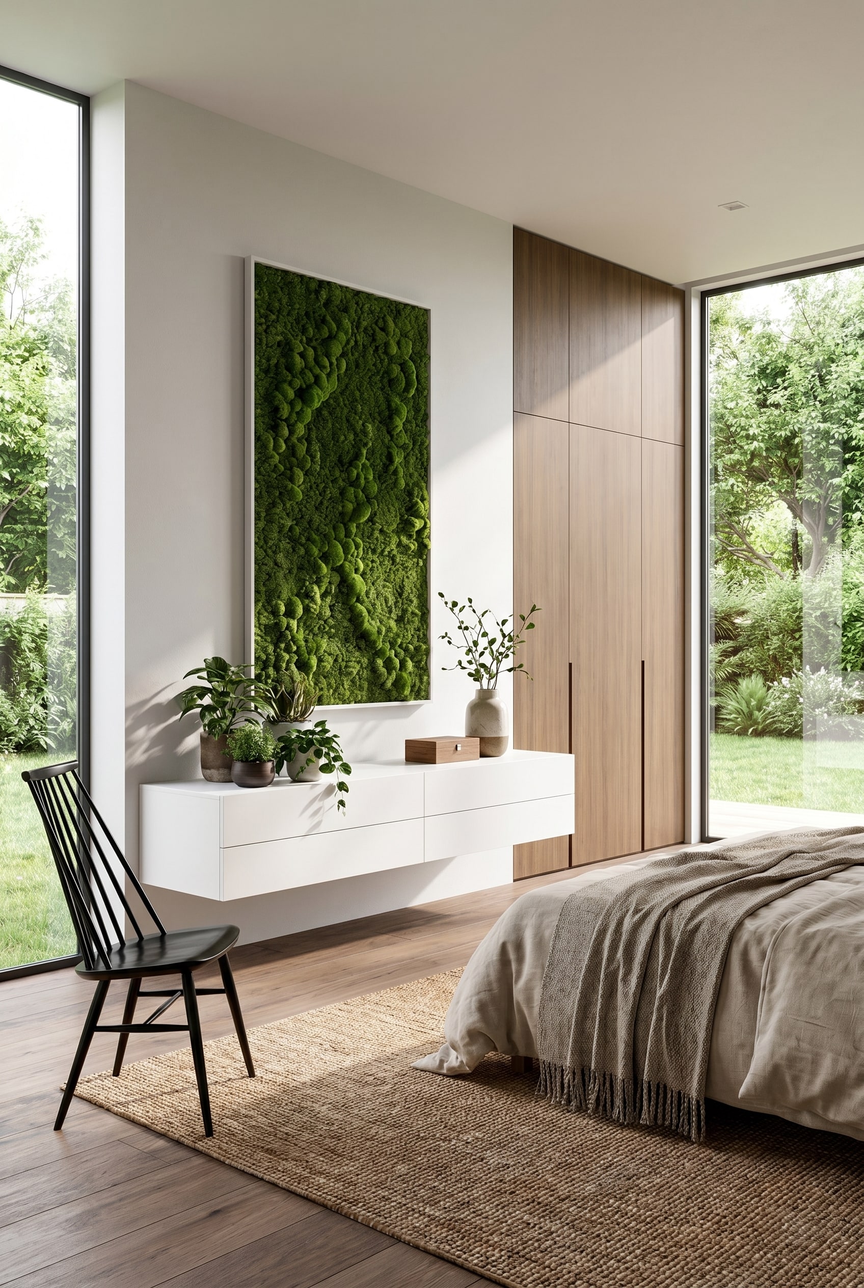 Helles Schlafzimmer mit schwebender wei&szlig;er H&auml;ngekommode, dar&uuml;ber ein vertikales Moosbild und ein Drahtstuhl