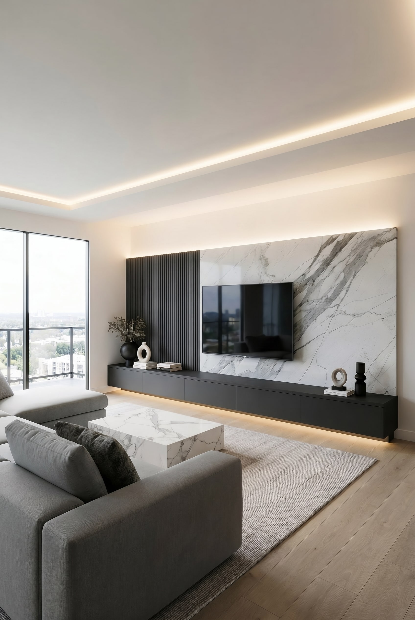Salon moderne avec mur TV sur mesure, panneaux acoustiques noirs, fond en marbre blanc et meubles bas fermés gris foncé
